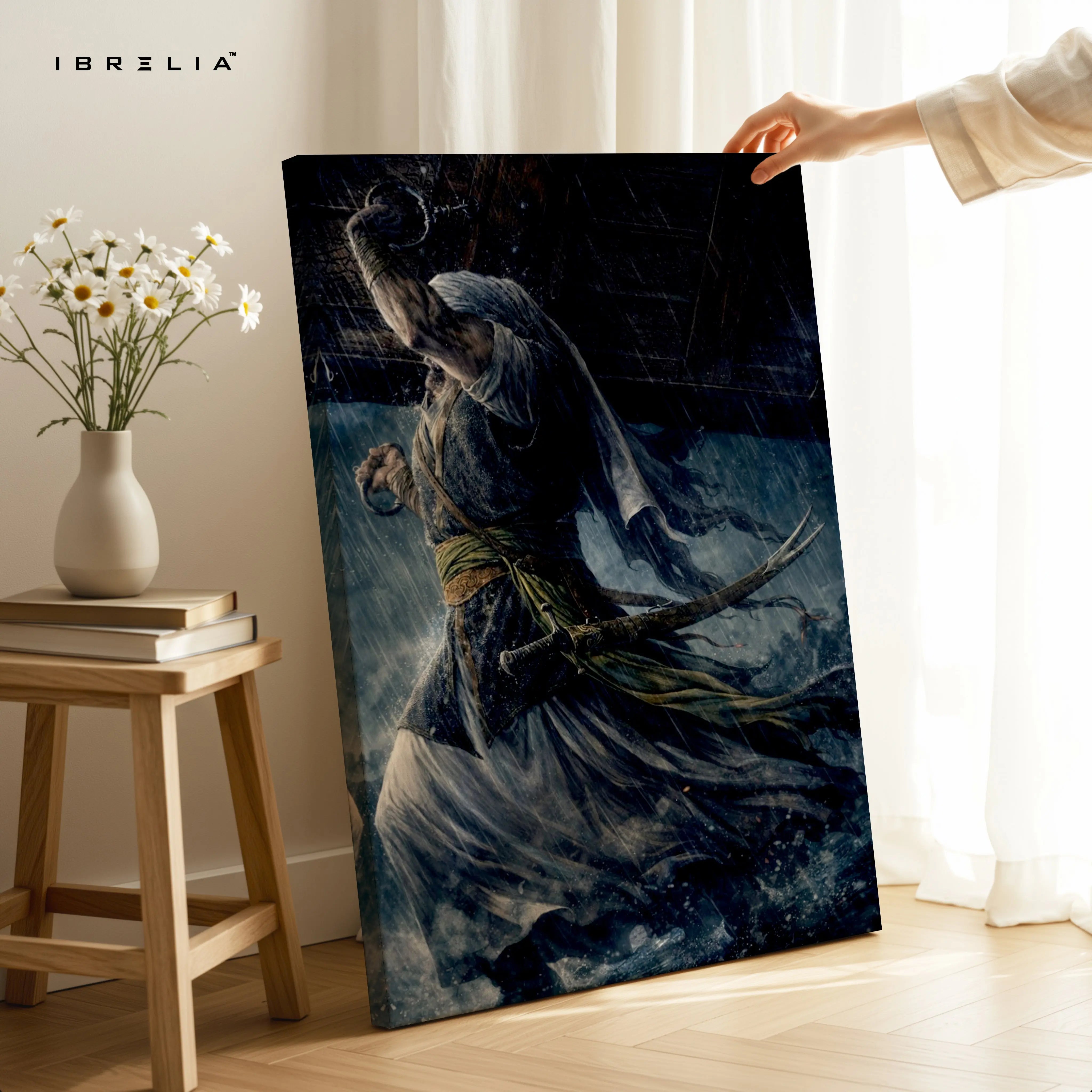 Warrior in Storm Wall Art – Cinematic Battle Canvas Frame | Dark Fantasy Fighter Poster Pakistan | IBRELIA™ IBRELIA