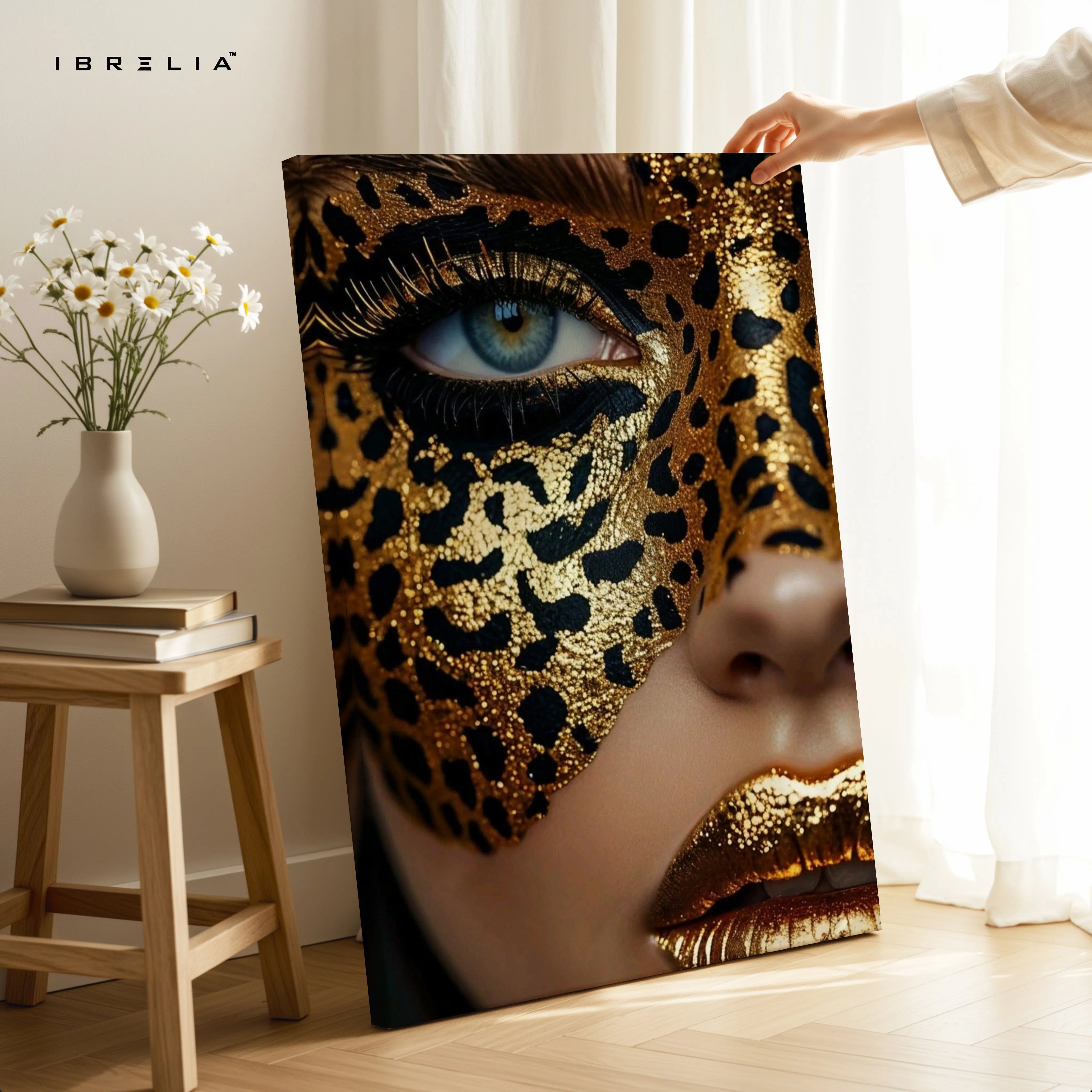 Golden Leopard Mask Beauty Art – 4K Ultra Wrap Frame Wall Art in Pakistan | IBRELIA™ IBRELIA