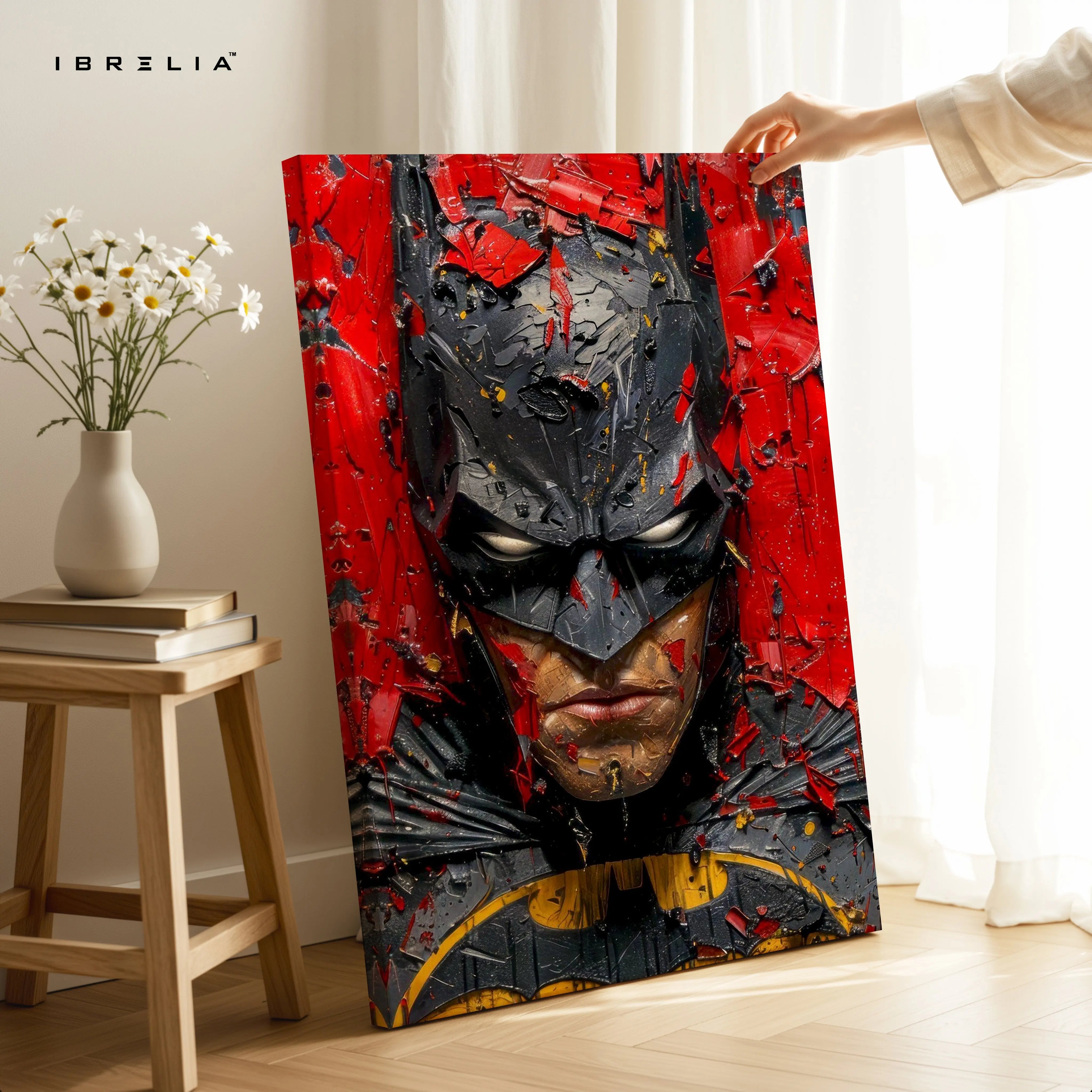 Batman Dark Knight Wall Art – Gritty Superhero Canvas Frame | Red Black Cinematic Poster Pakistan | IBRELIA™ IBRELIA