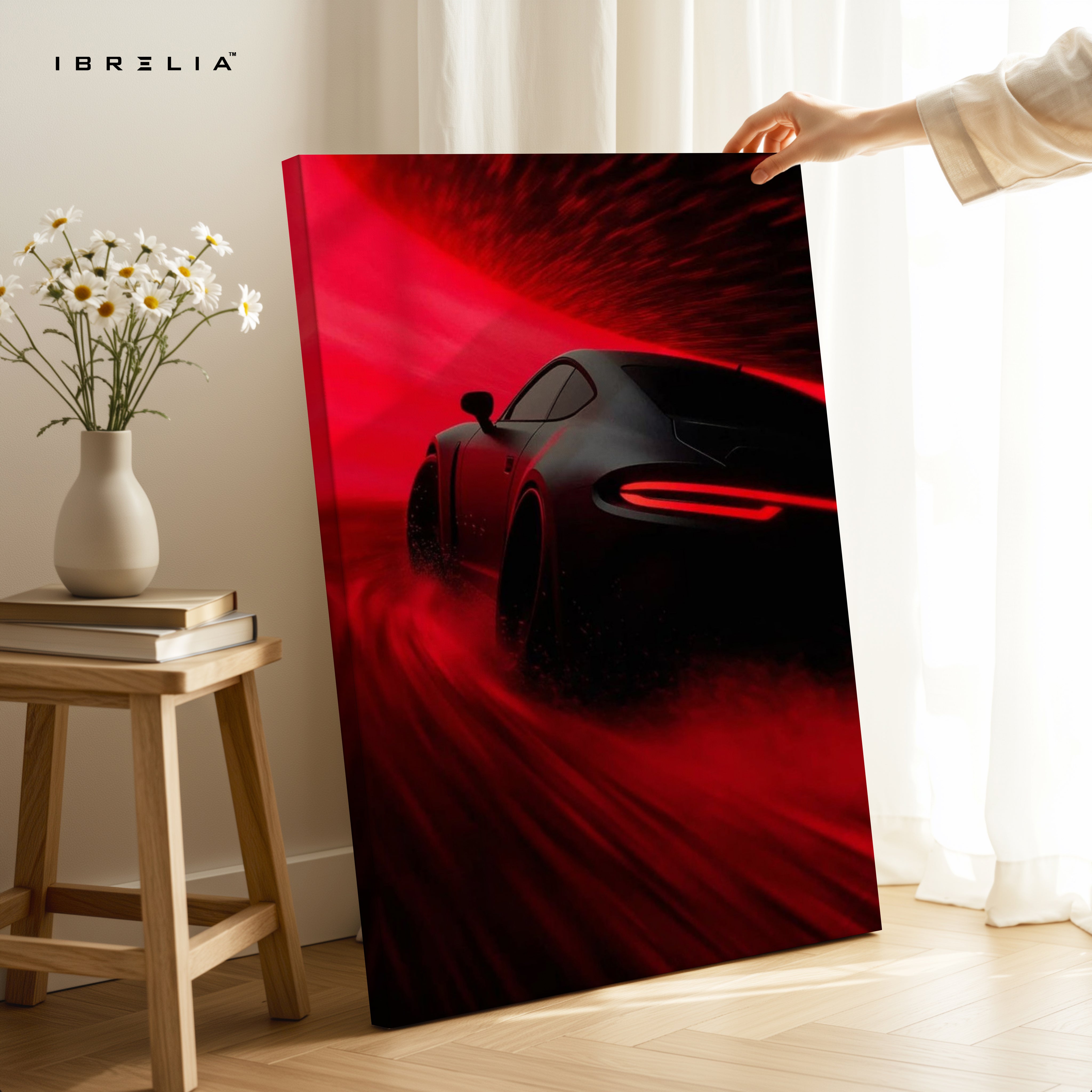 Crimson Velocity Night Drive – 4K Ultra Wrap Frame Supercar Wall Art | IBRELIA™
