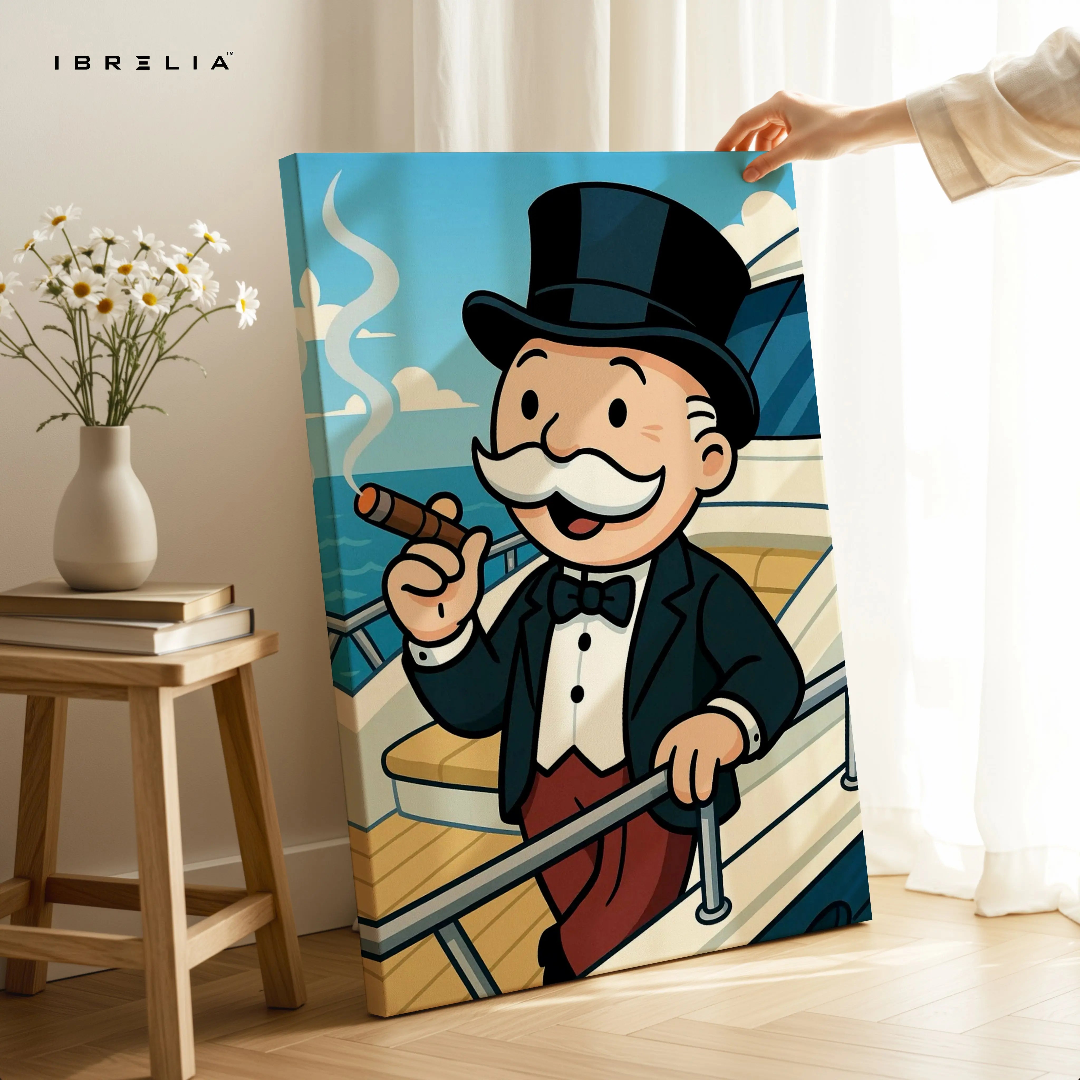 Classic Gentleman Voyage – Cartoon Tycoon Yacht Art | 4K Ultra Wrap Frame Wall Art in Pakistan | IBRELIA™ IBRELIA