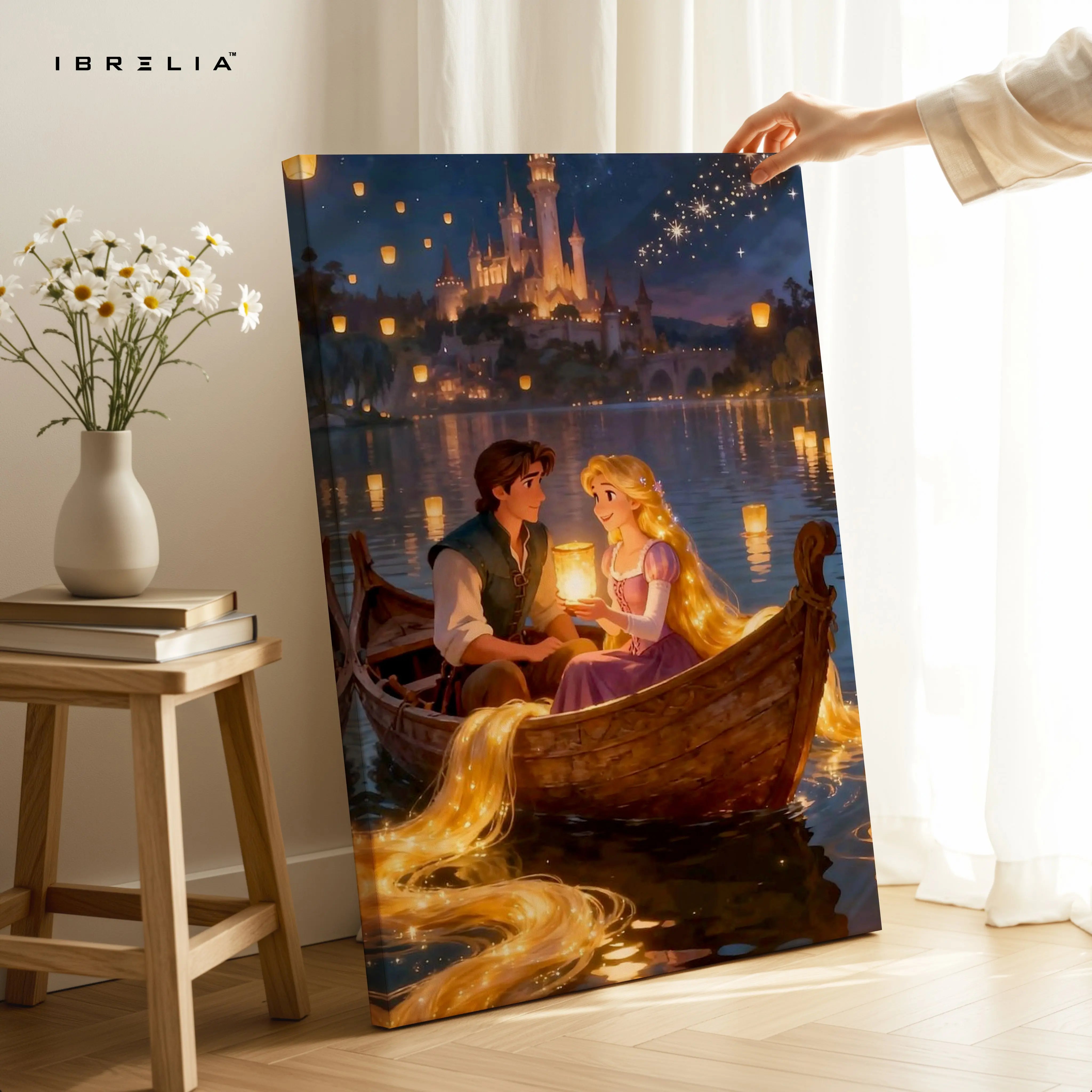 Rapunzel Lantern Boat Romance Wall Art – Fairytale Love Canvas Frame | Magical Couple Decor Pakistan | IBRELIA™ IBRELIA