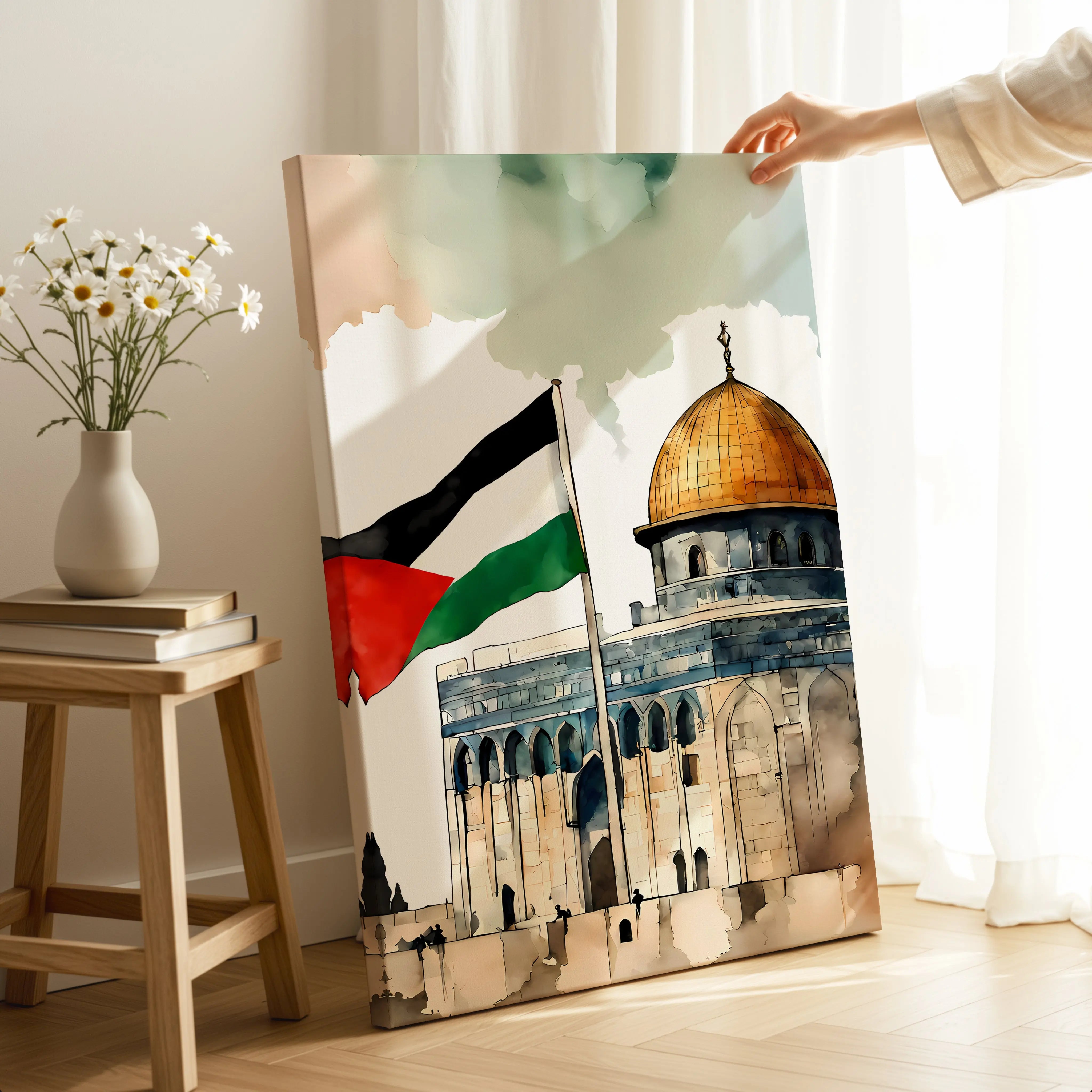 Dome of the Rock Palestine Flag Art – Jerusalem Watercolor Wall Art | 4K Ultra Wrap Frame Wall Art in Pakistan | IBRELIA™ IBRELIA