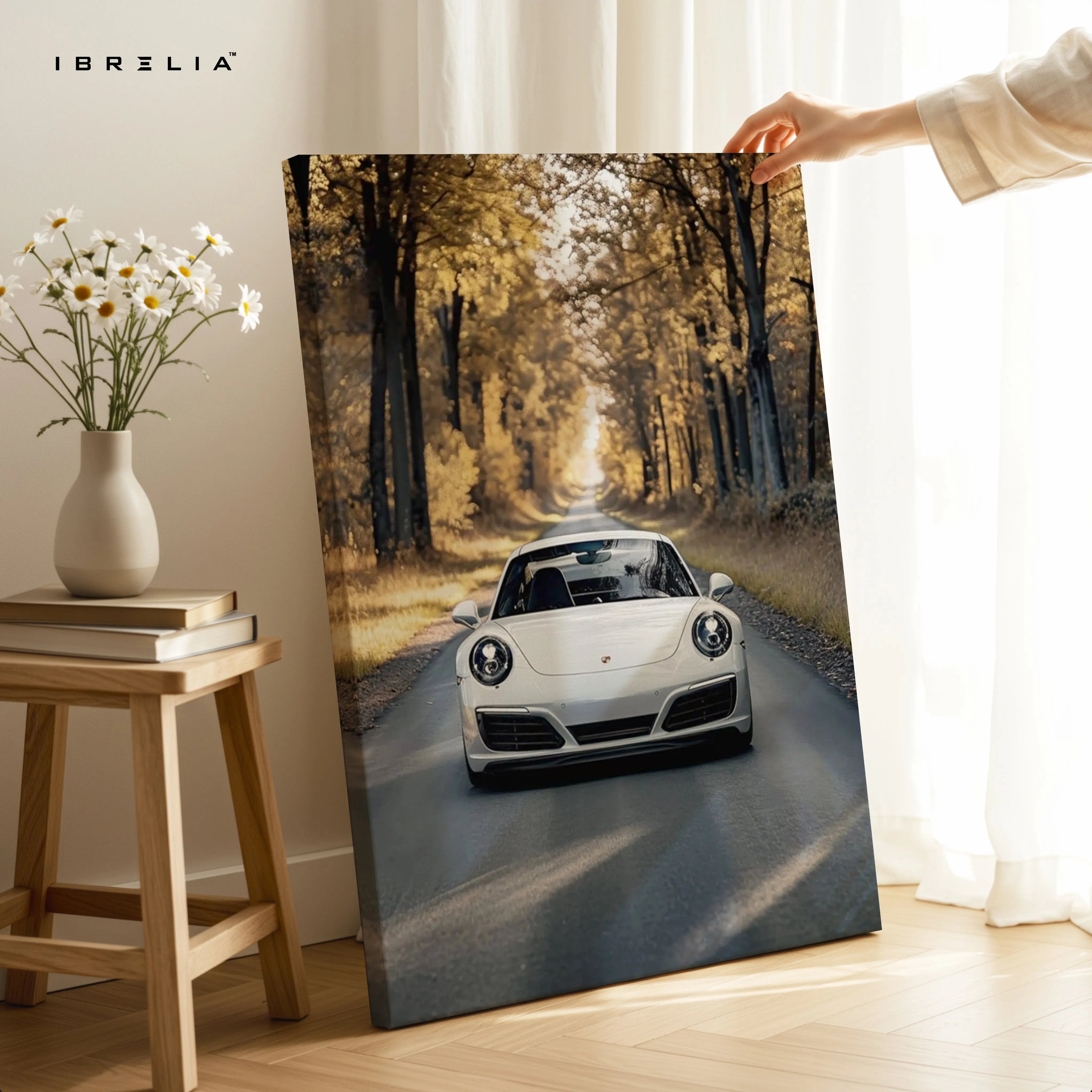 Porsche Forest Drive Art – Luxury Supercar Autumn Road Wall Art | 4K Ultra Wrap Frame Wall Art in Pakistan | IBRELIA™ IBRELIA