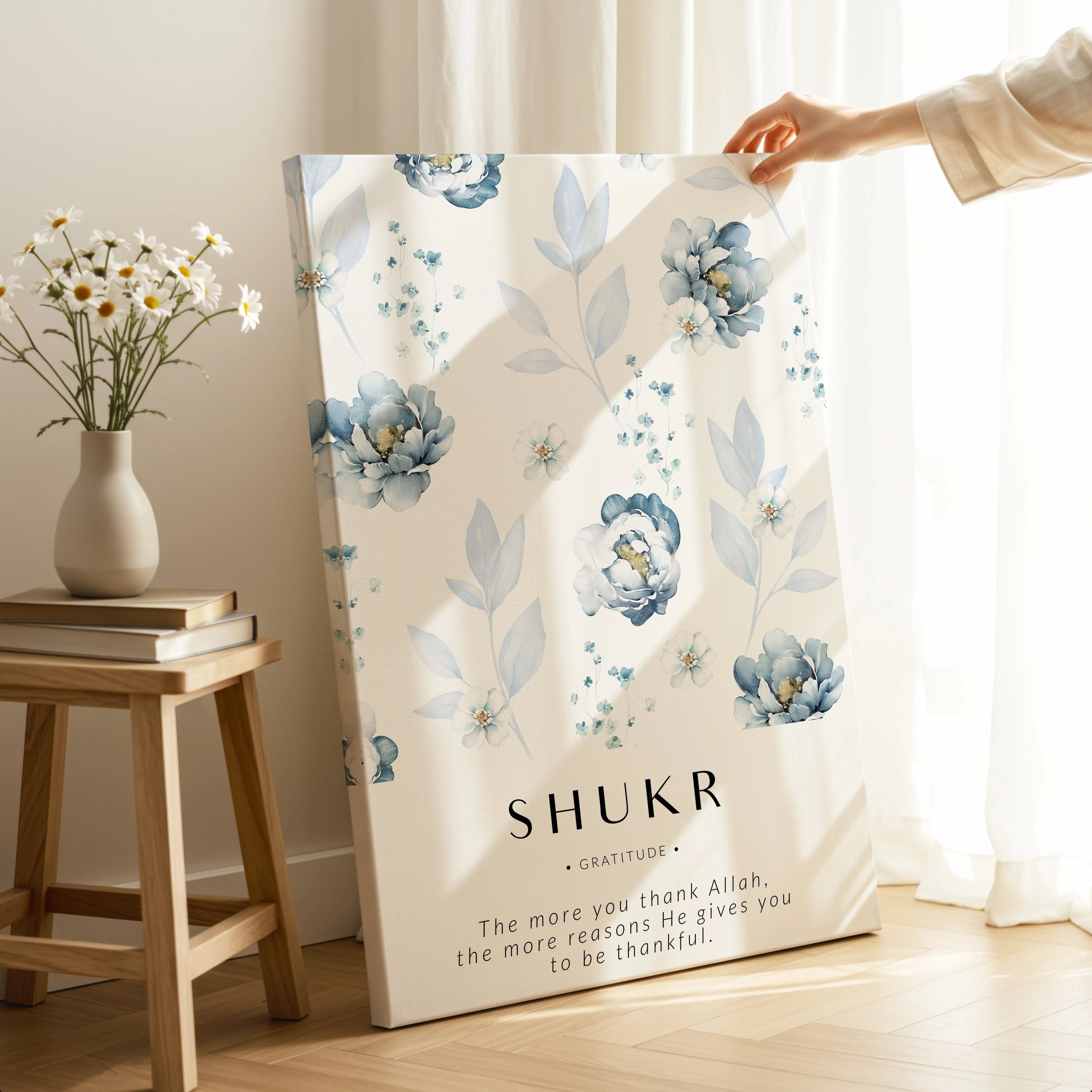 Shukr Islamic Wall Art – Blue Floral Gratitude Design | 4K Ultra Wrap Frame Wall Art in Pakistan | IBRELIA™ IBRELIA