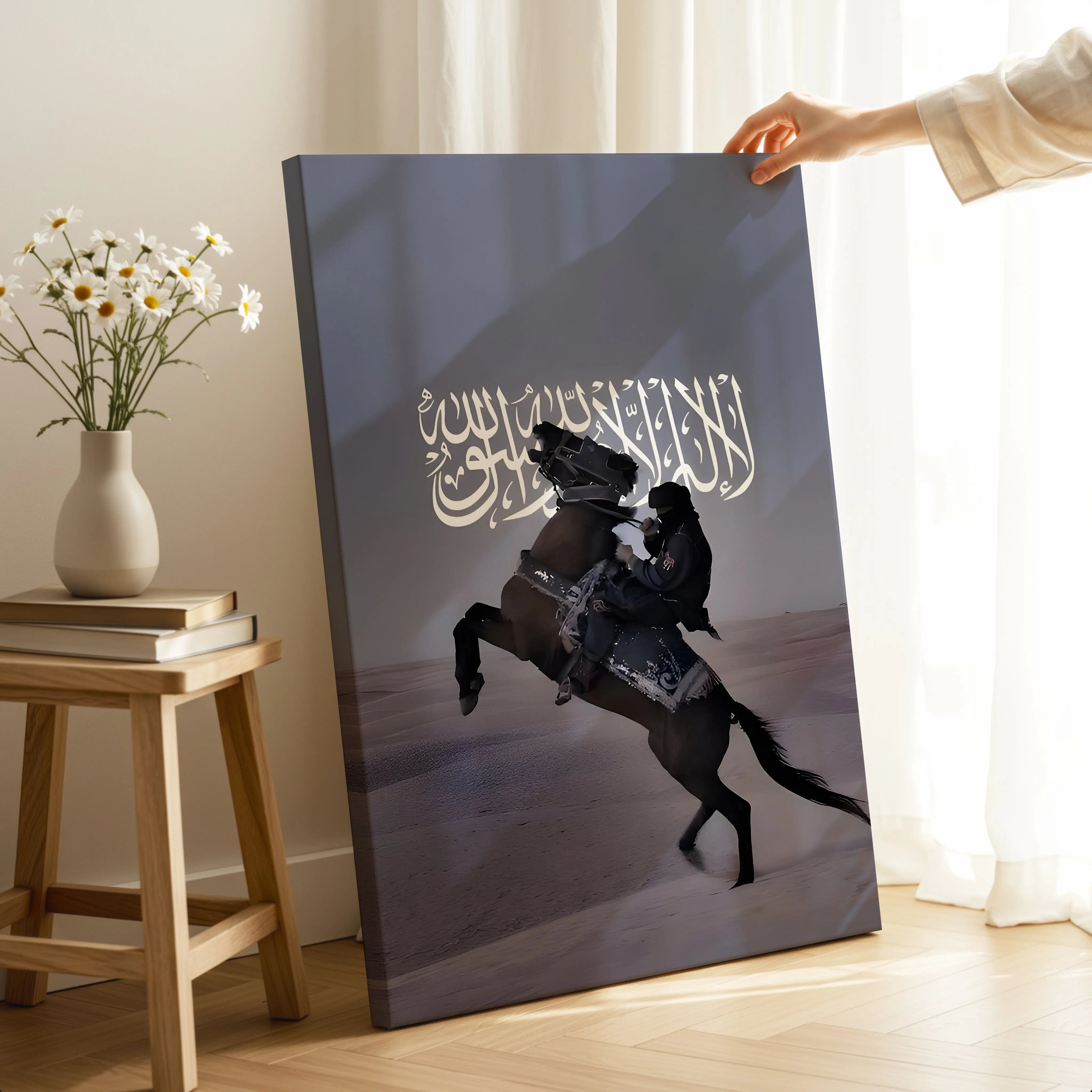 Shahada Desert Warrior Art – Islamic Calligraphy Horse Wall Art | 4K Ultra Wrap Frame Wall Art in Pakistan | IBRELIA™ IBRELIA