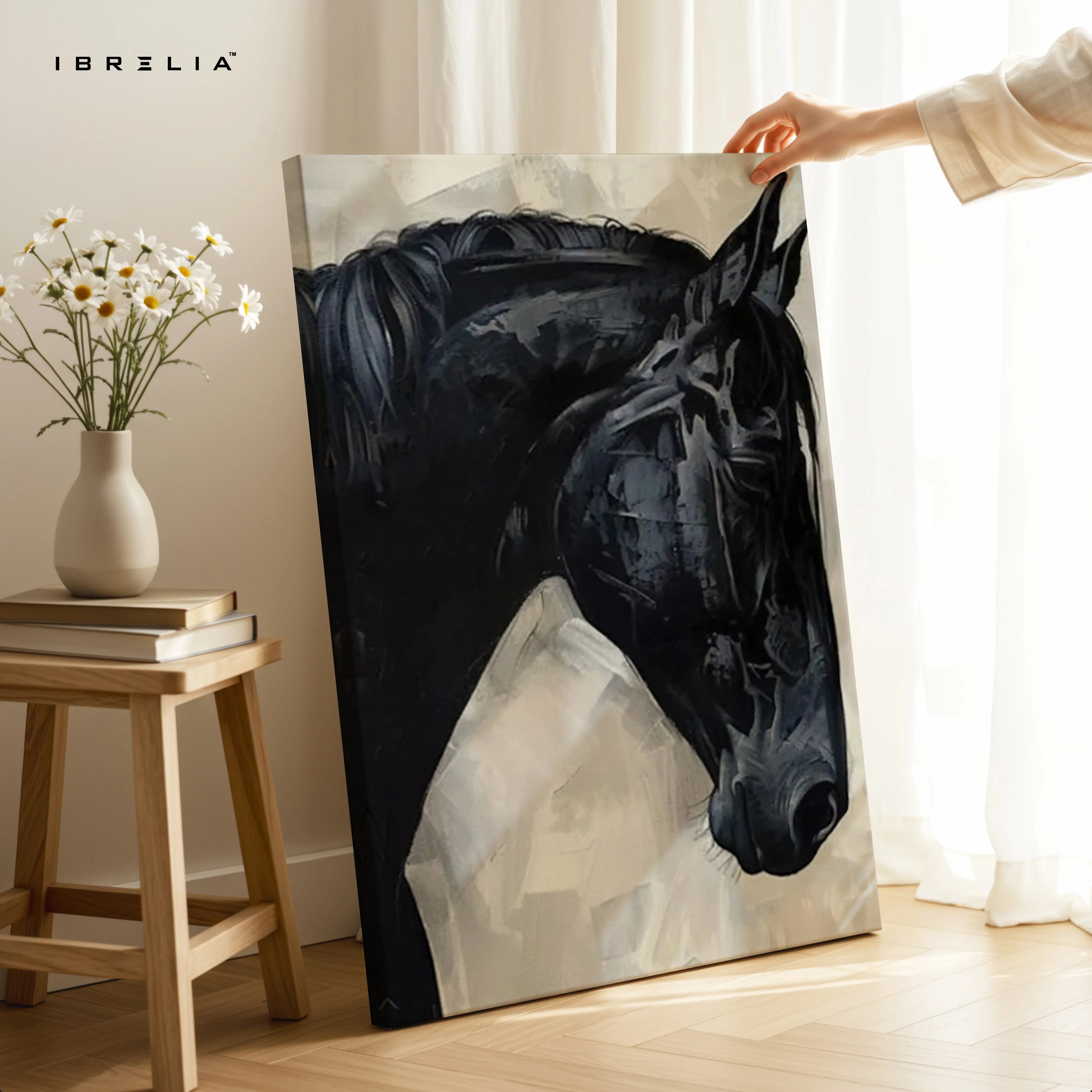 Black Stallion Abstract Art – Minimal Horse Portrait Luxury Wall Art | 4K Ultra Wrap Frame Wall Art in Pakistan | IBRELIA™ IBRELIA