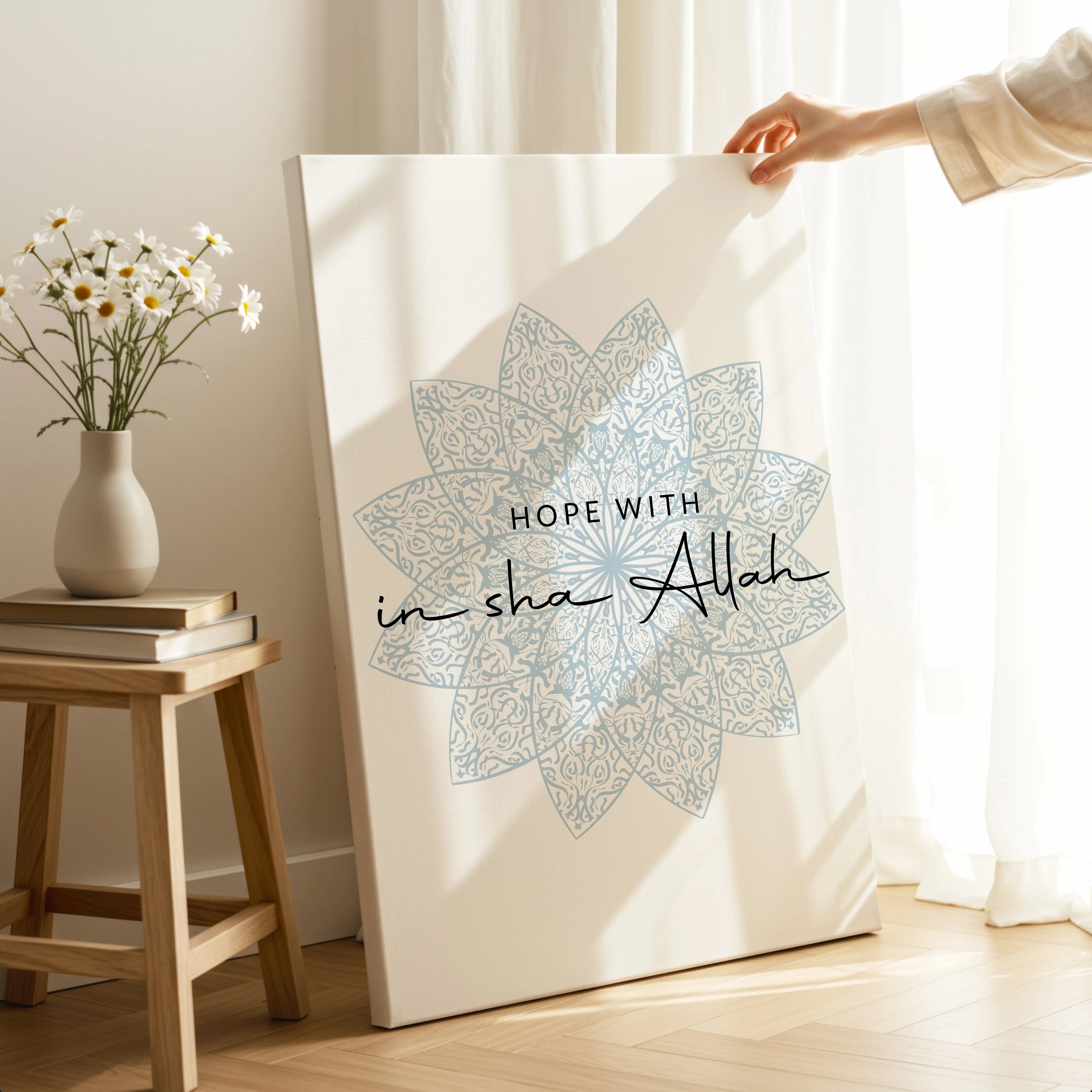 Hope With Insha Allah Islamic Wall Art – Soft Blue Mandala Design | 4K Ultra Wrap Frame Wall Art in Pakistan | IBRELIA™ IBRELIA
