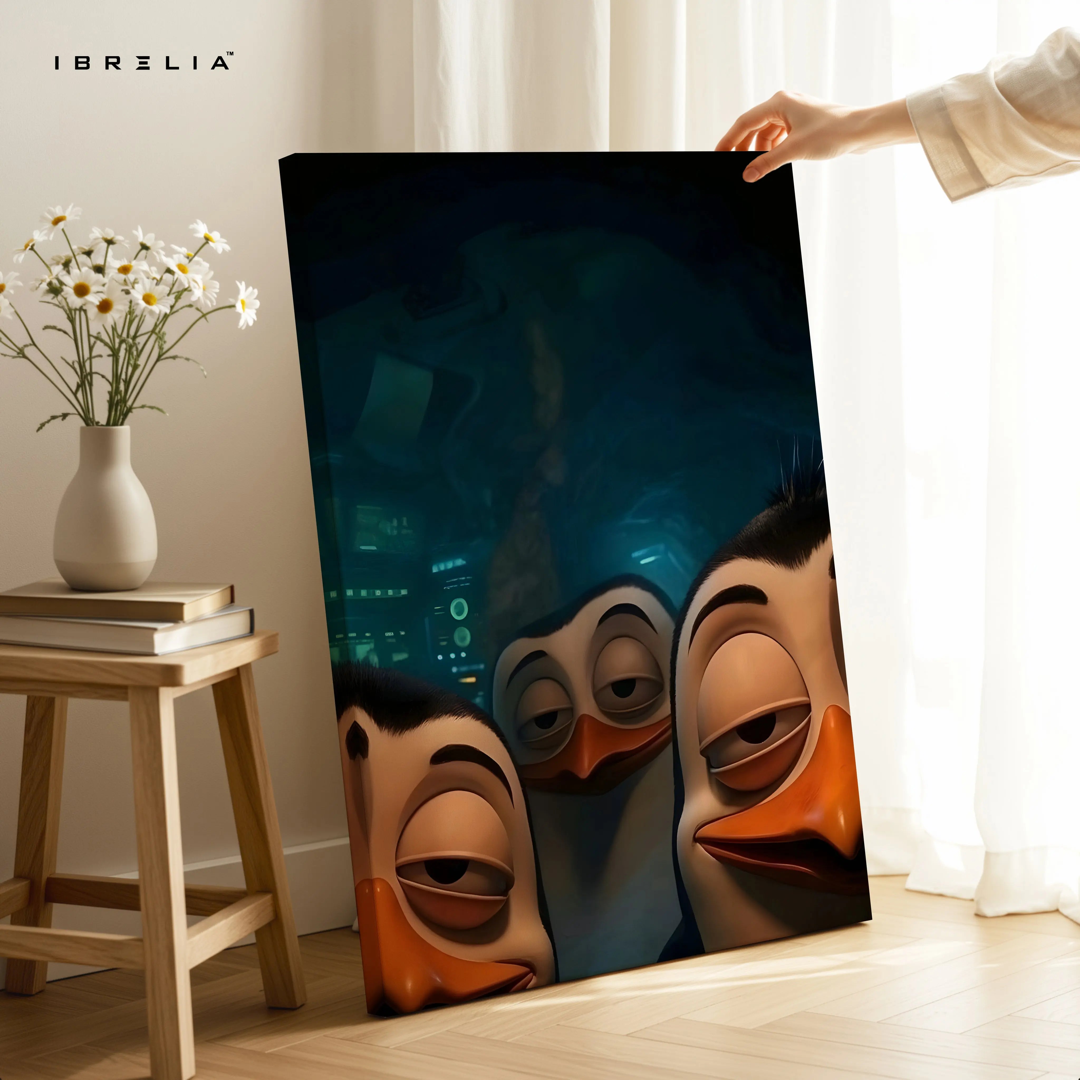 Midnight Mischief Penguins – Fun Animated 4K Ultra Wrap Frame Wall Art | IBRELIA™ IBRELIA