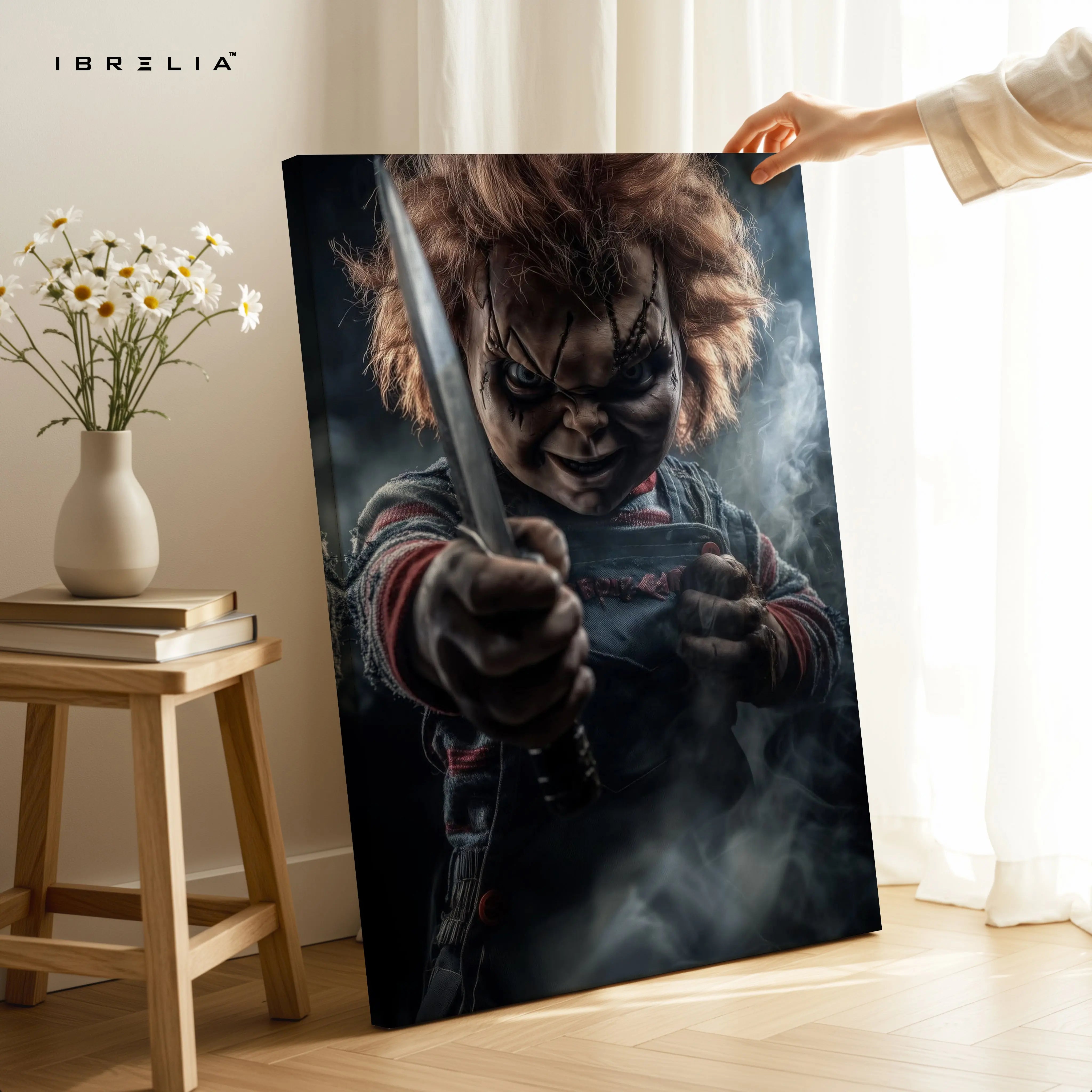 Sinister Doll Standoff – Dark Cinematic Horror Art | 4K Ultra Wrap Frame Wall Art in Pakistan | IBRELIA™ IBRELIA