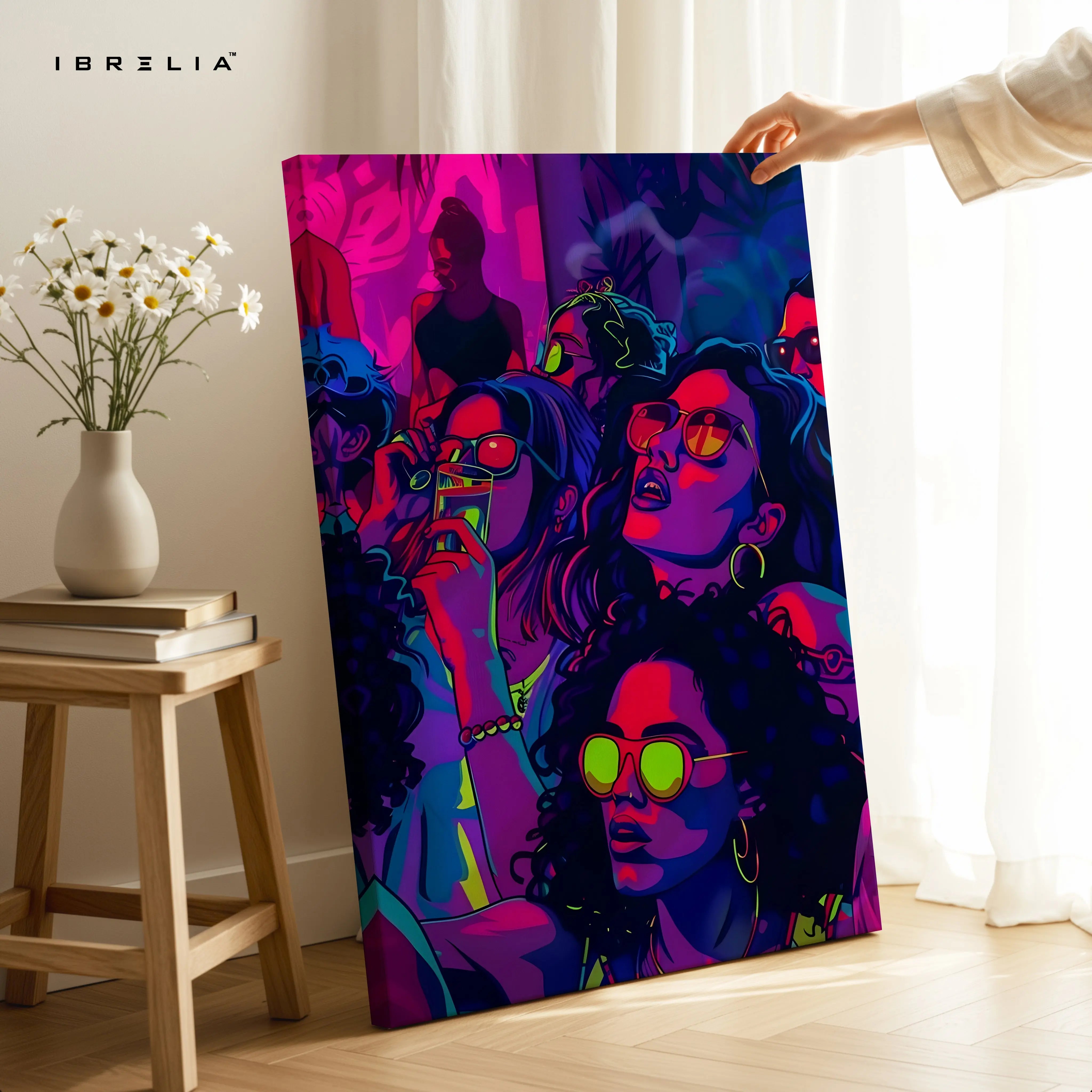 Neon Reverie Collective – Pop Art Nightlife Women Illustration | 4K Ultra Wrap Frame Wall Art in Pakistan | IBRELIA™ IBRELIA