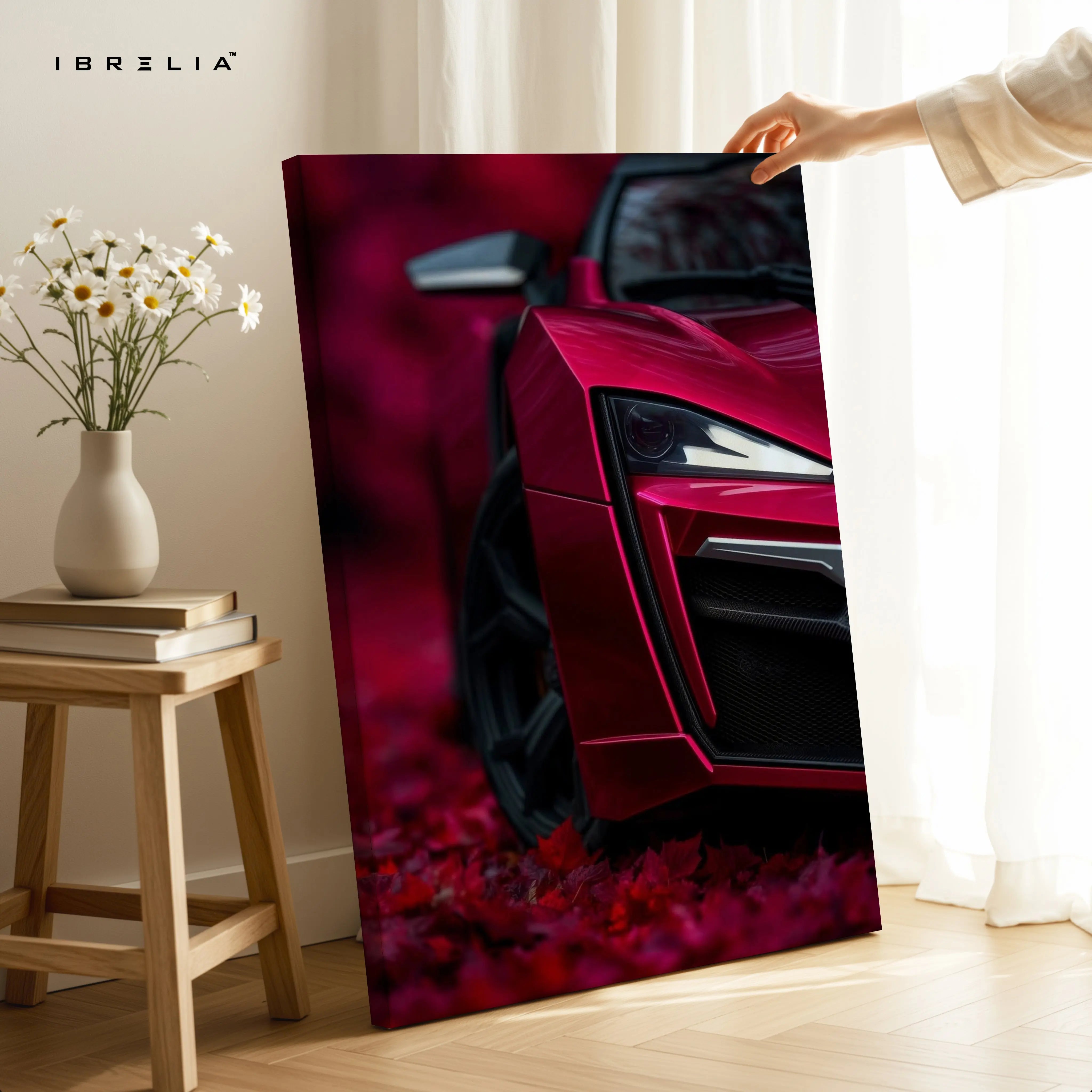 Crimson Supercar Headlight Close-Up – 4K Ultra Wrap Frame Wall Art in Pakistan | IBRELIA™ IBRELIA