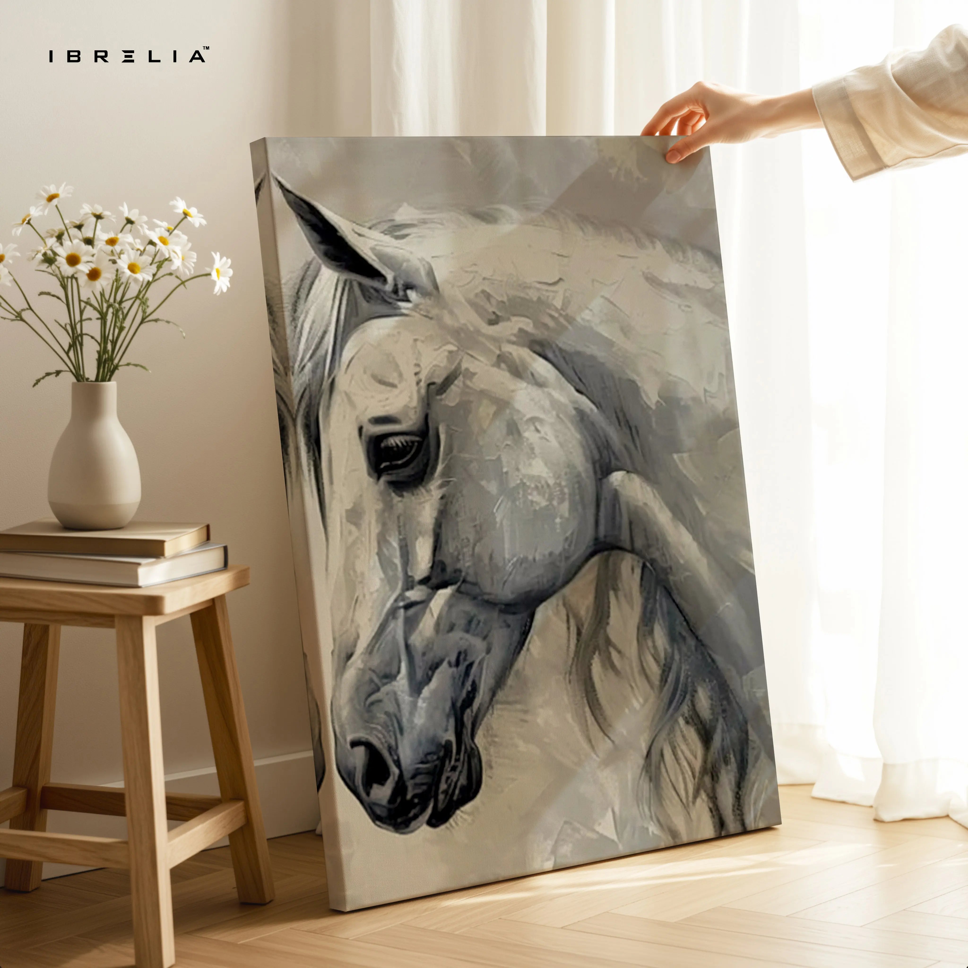 White Stallion Grace Art – Minimal Neutral Horse Portrait Wall Art | 4K Ultra Wrap Frame Wall Art in Pakistan | IBRELIA™ IBRELIA