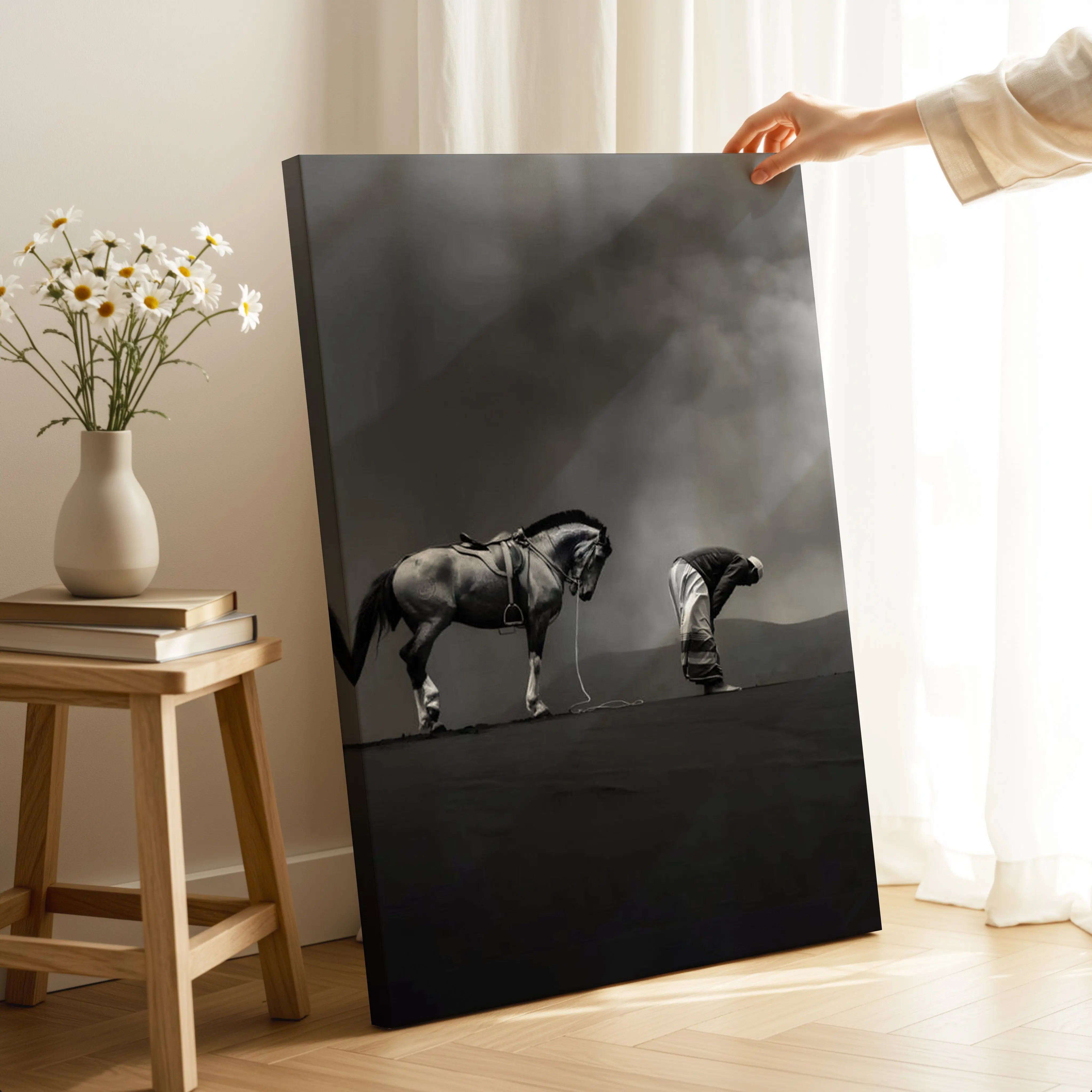 Sujood & Loyalty Art – Islamic Prayer with Horse Wall Art | 4K Ultra Wrap Frame Wall Art in Pakistan | IBRELIA™ IBRELIA