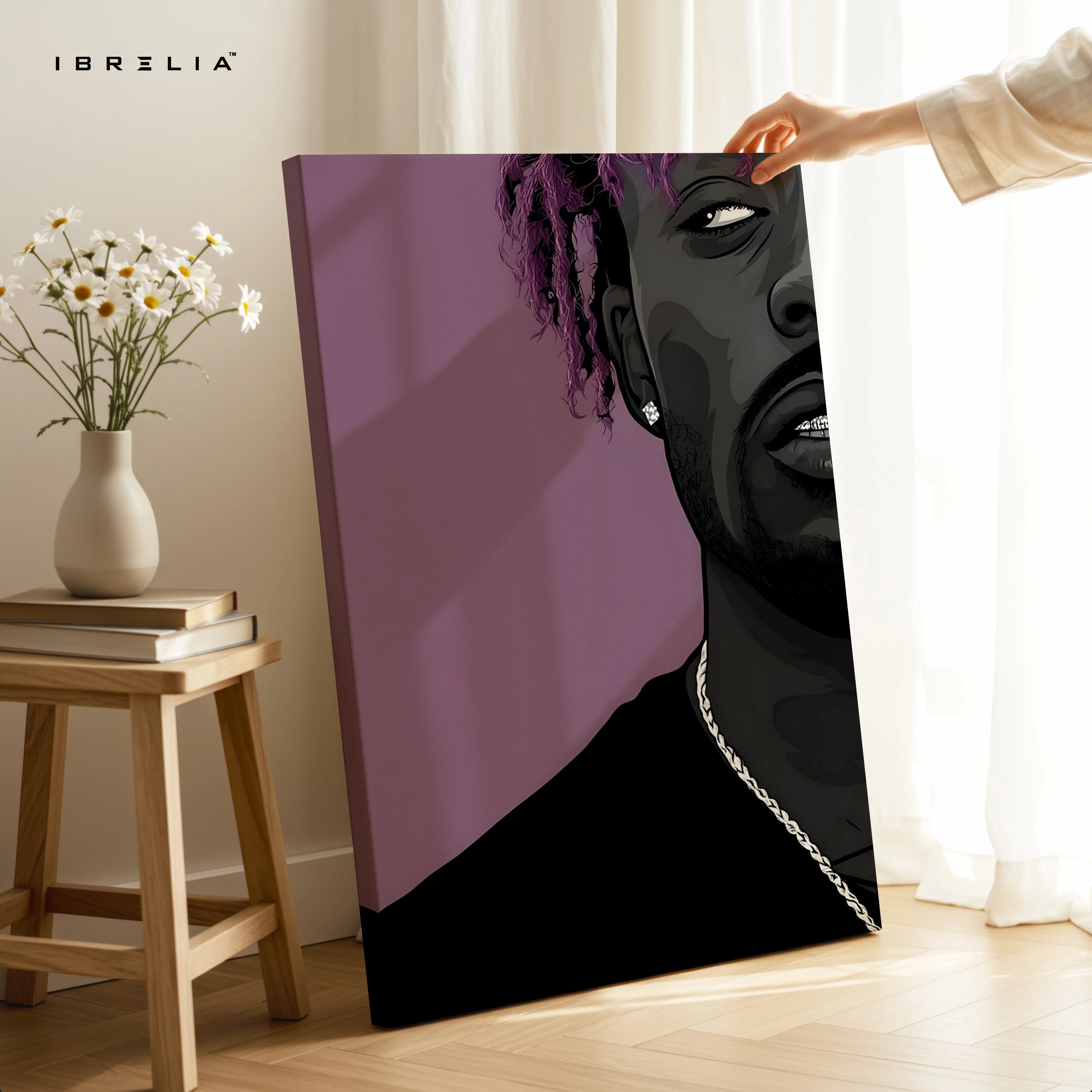 Purple Aesthetic Rap Portrait Wall Art – Modern Hip Hop Canvas Frame | Minimal Artist Illustration Poster Pakistan | IBRELIA™ IBRELIA