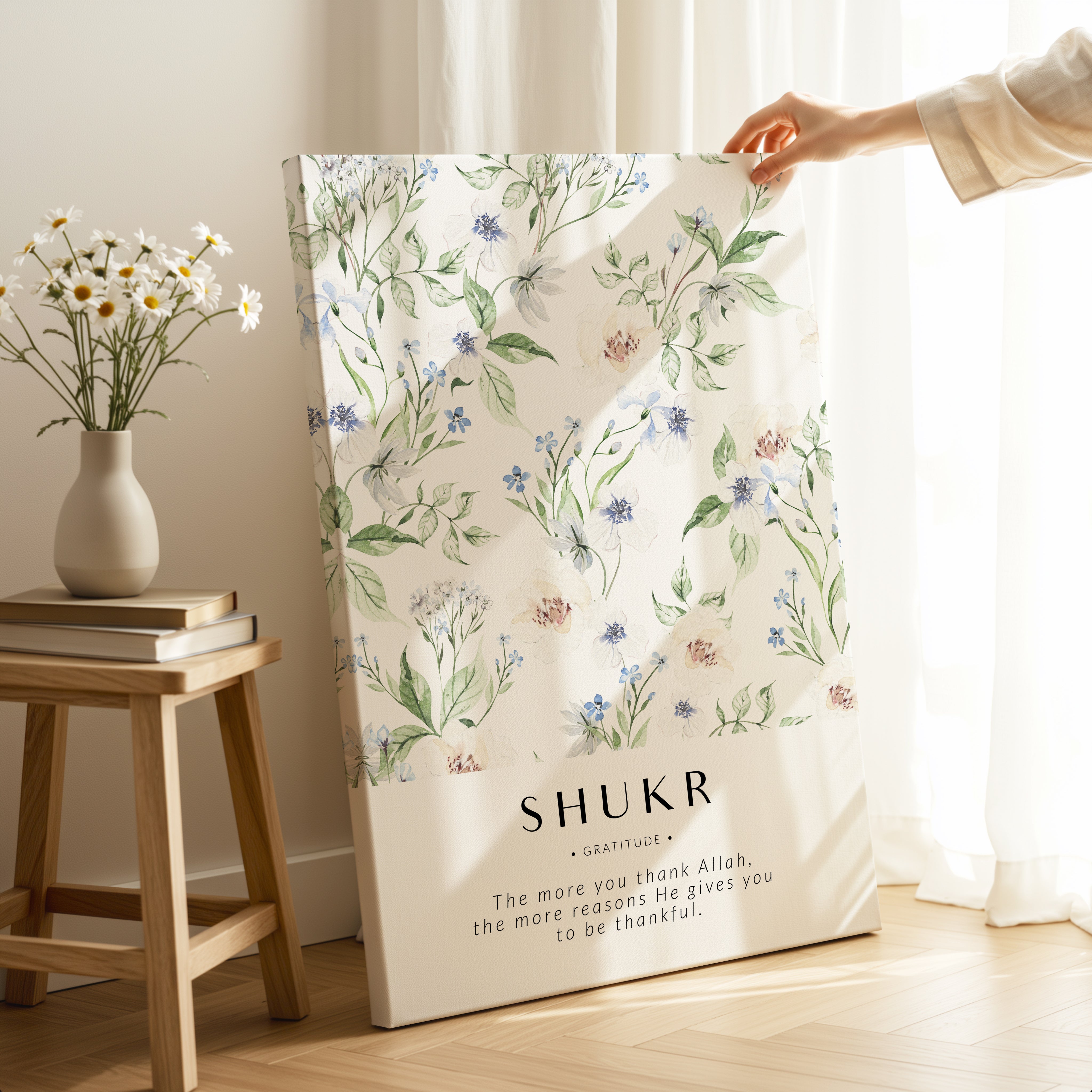 Shukr Gratitude Islamic Wall Art – Blue Floral Botanical Design | 4K Ultra Wrap Frame Wall Art in Pakistan | IBRELIA™