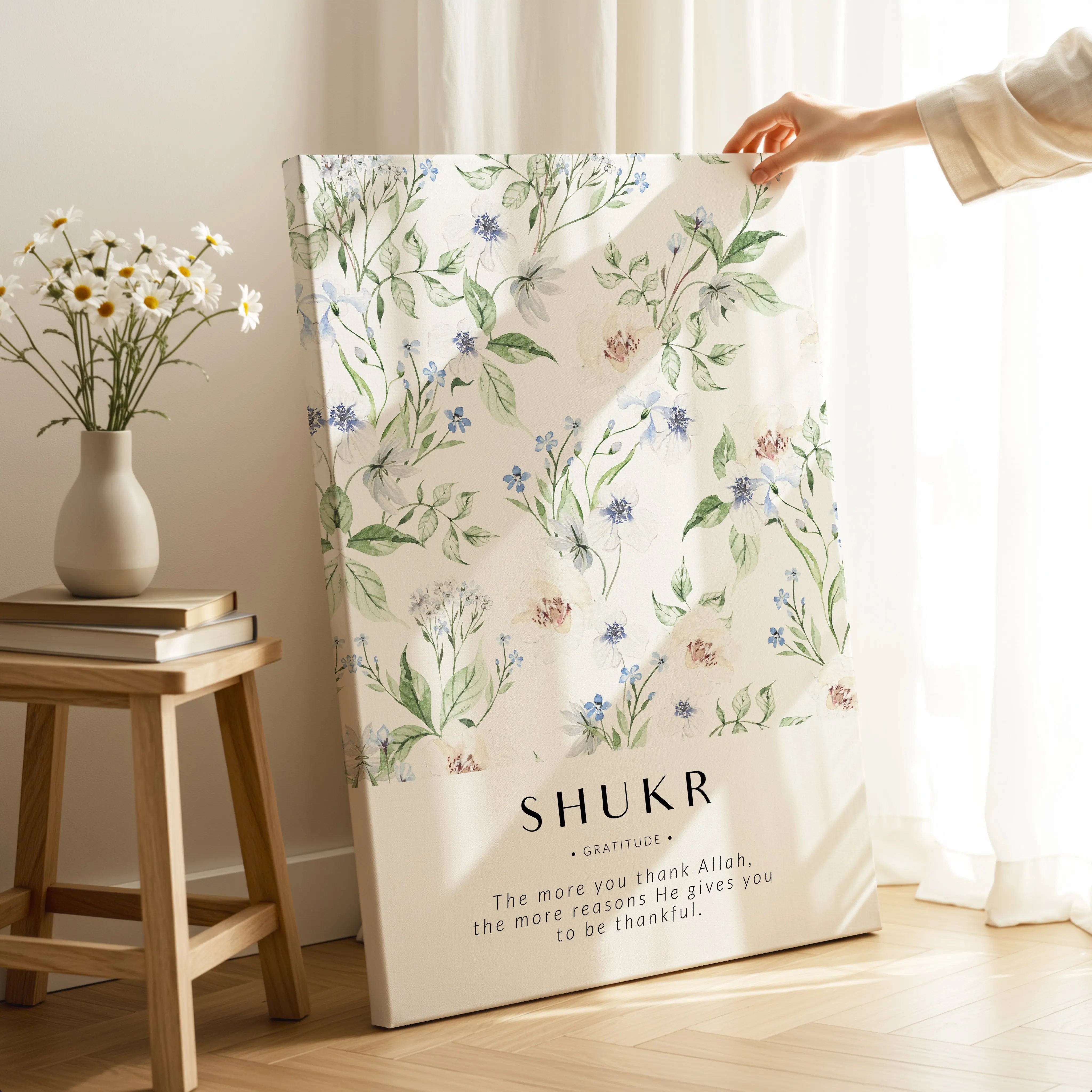 Shukr Gratitude Islamic Wall Art – Blue Floral Botanical Design | 4K Ultra Wrap Frame Wall Art in Pakistan | IBRELIA™ IBRELIA