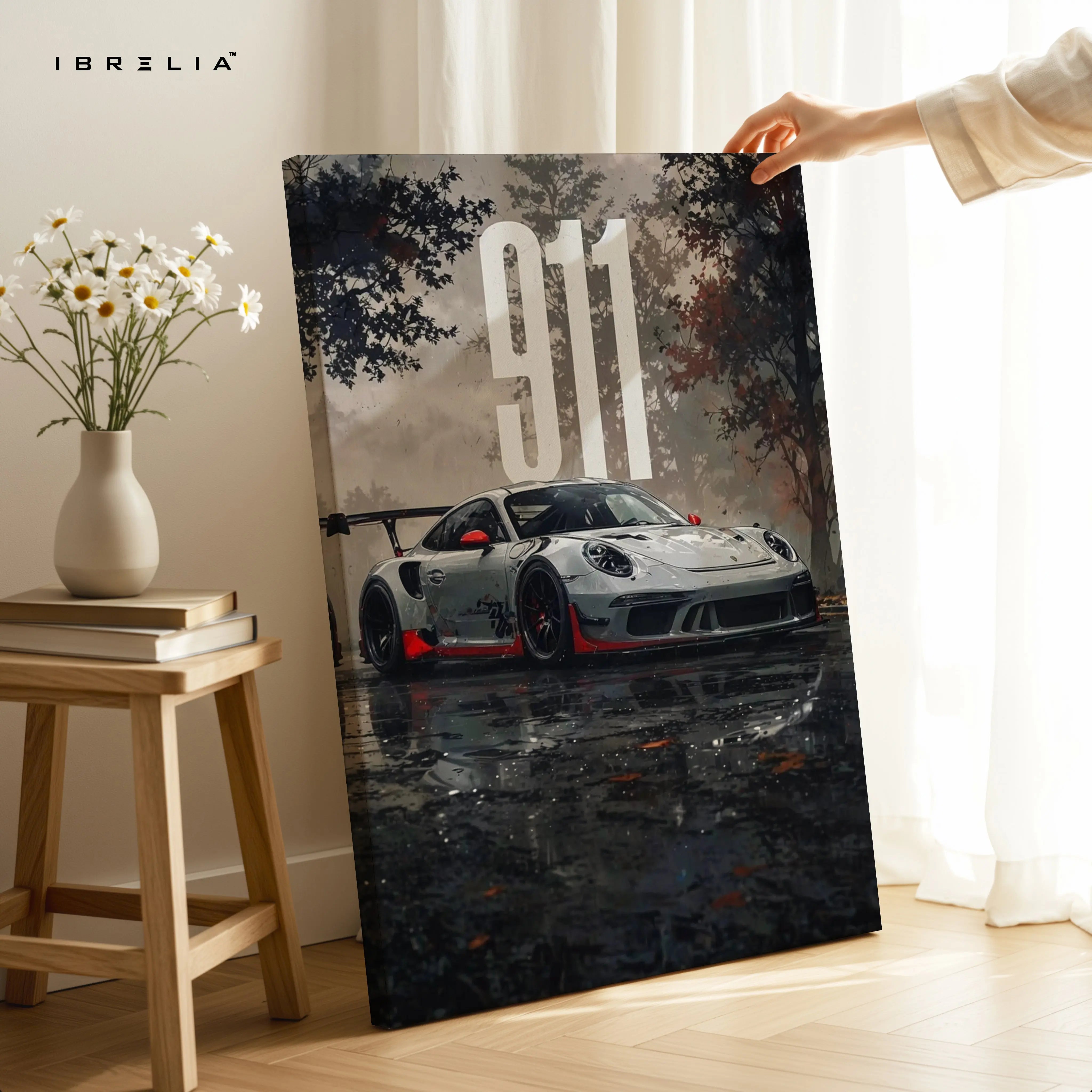 Porsche 911 Rain Noir Art – Dark Cinematic Sports Car Wall Art | 4K Ultra Wrap Frame Wall Art in Pakistan | IBRELIA™ IBRELIA