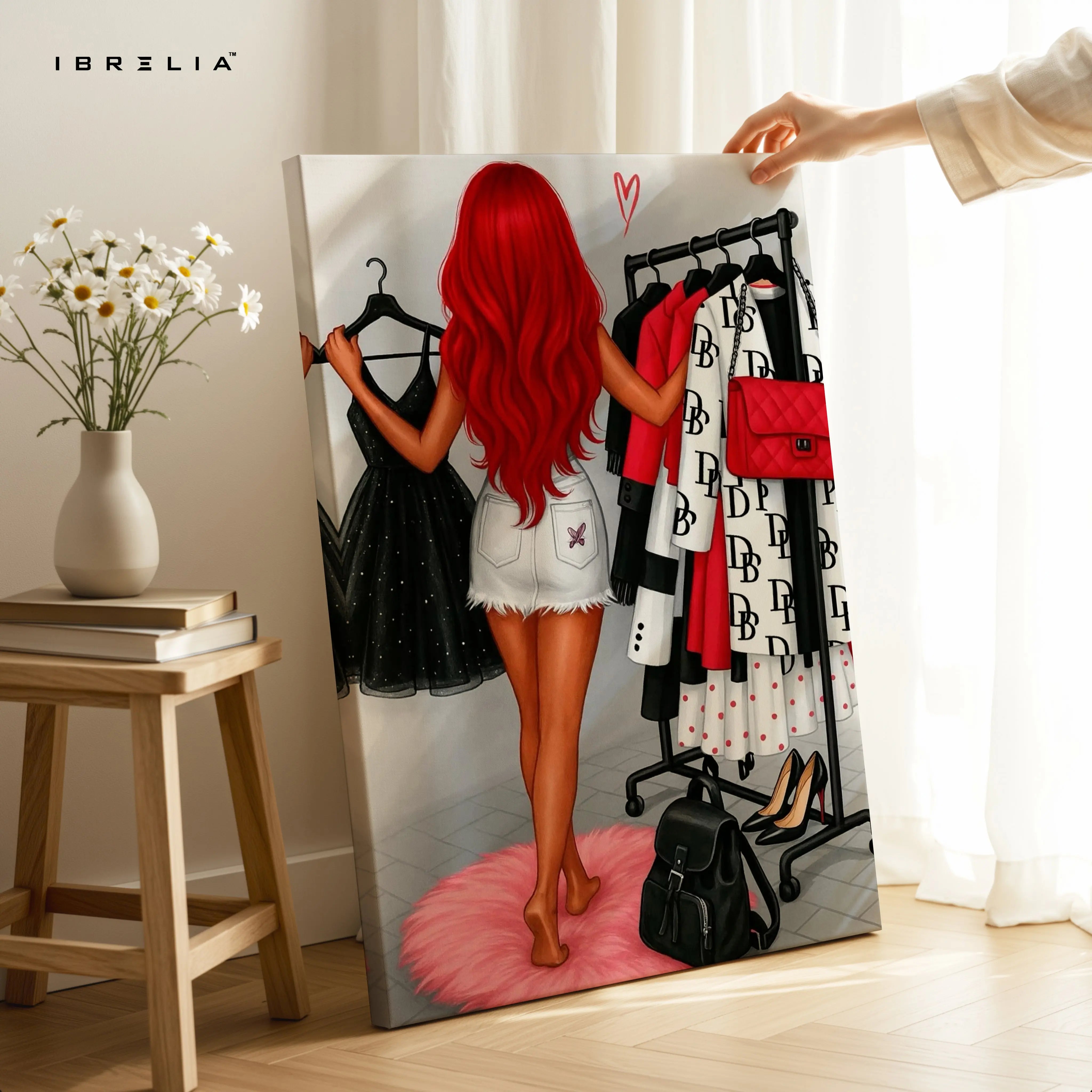 Red Hair Fashion Closet Art – 4K Ultra Wrap Frame Wall Art in Pakistan | IBRELIA™ IBRELIA
