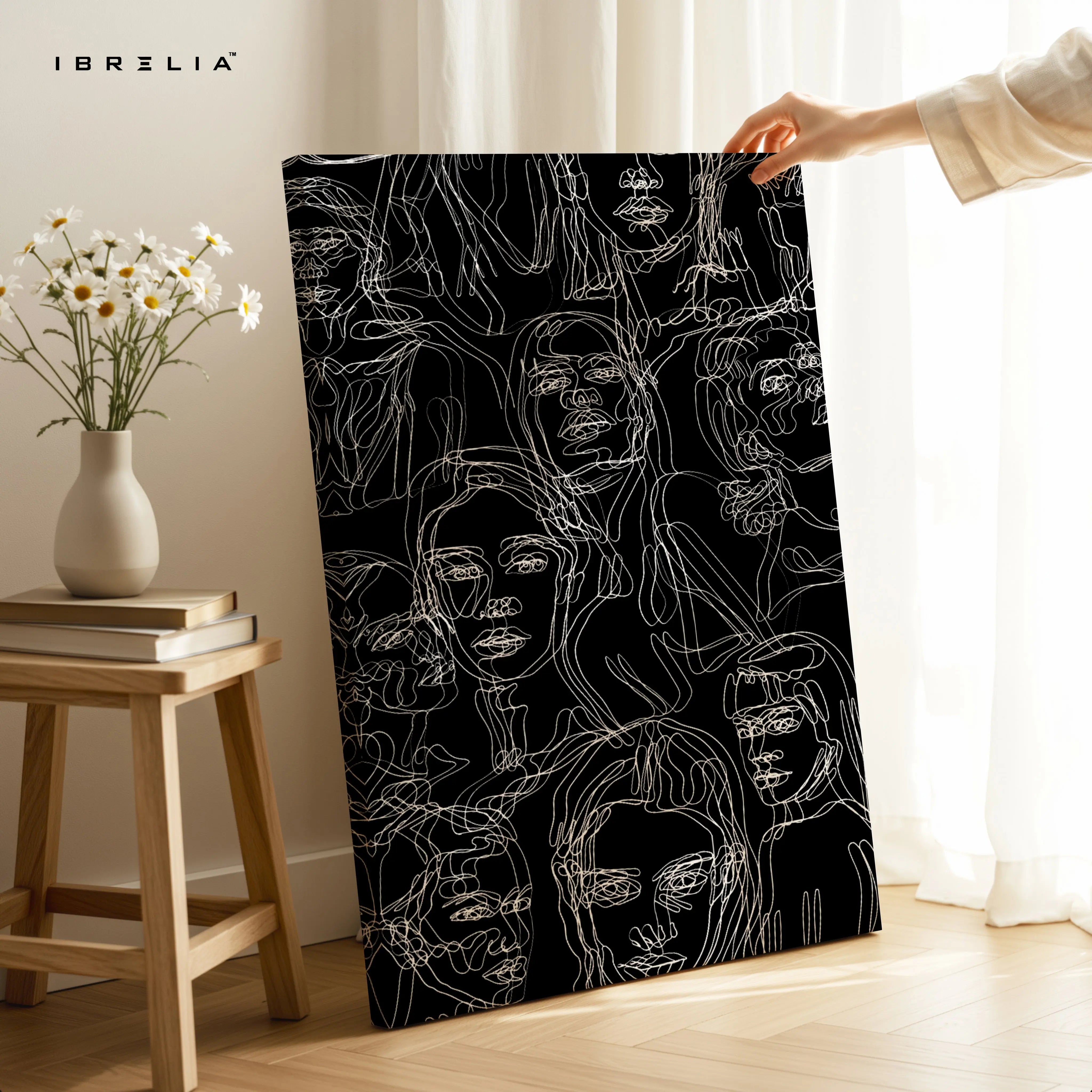 Echoes of Identity – Abstract Line Faces Noir Art | 4K Ultra Wrap Frame Wall Art in Pakistan | IBRELIA™ IBRELIA
