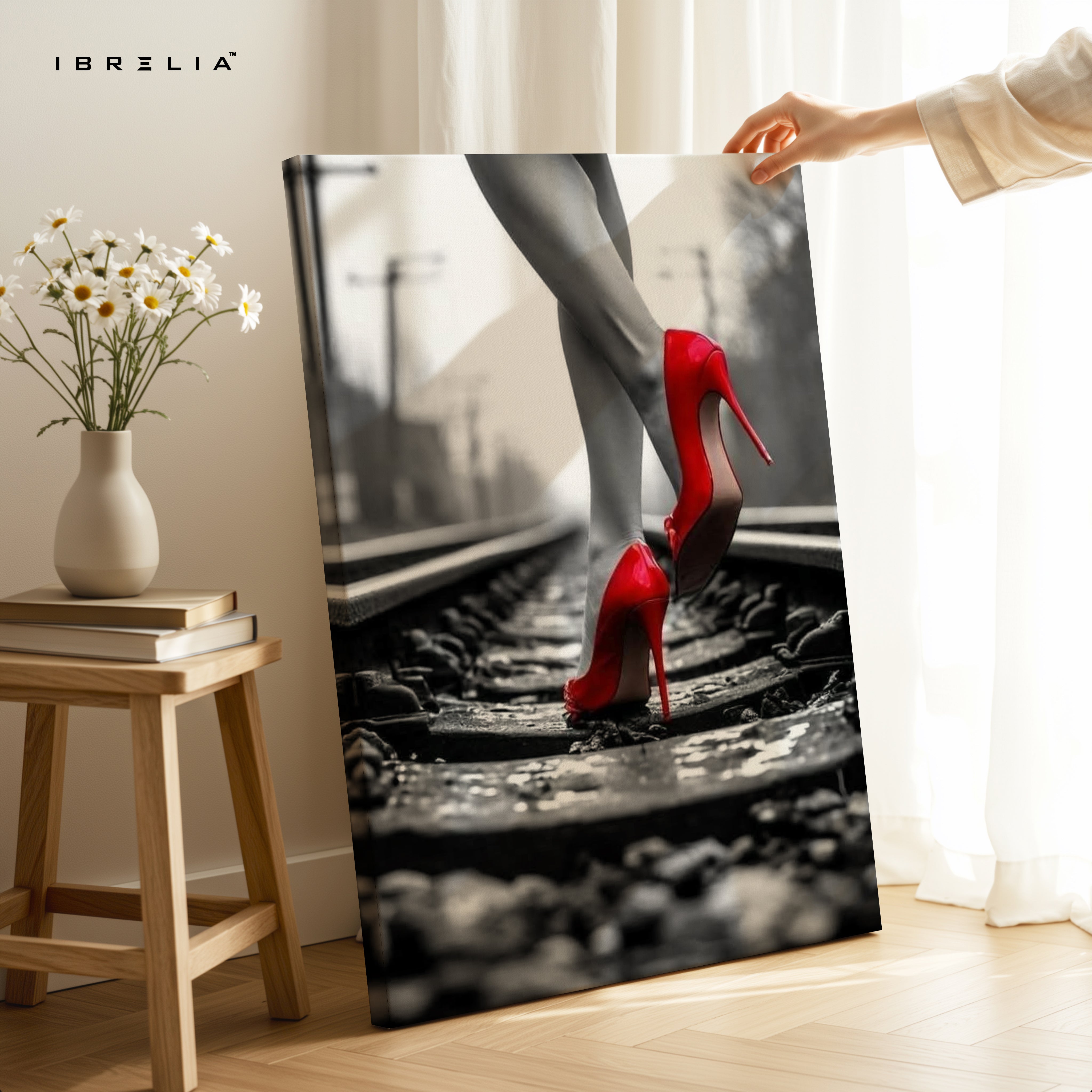 Red Heels on Railway Noir Art – 4K Ultra Wrap Frame Wall Art in Pakistan | IBRELIA™