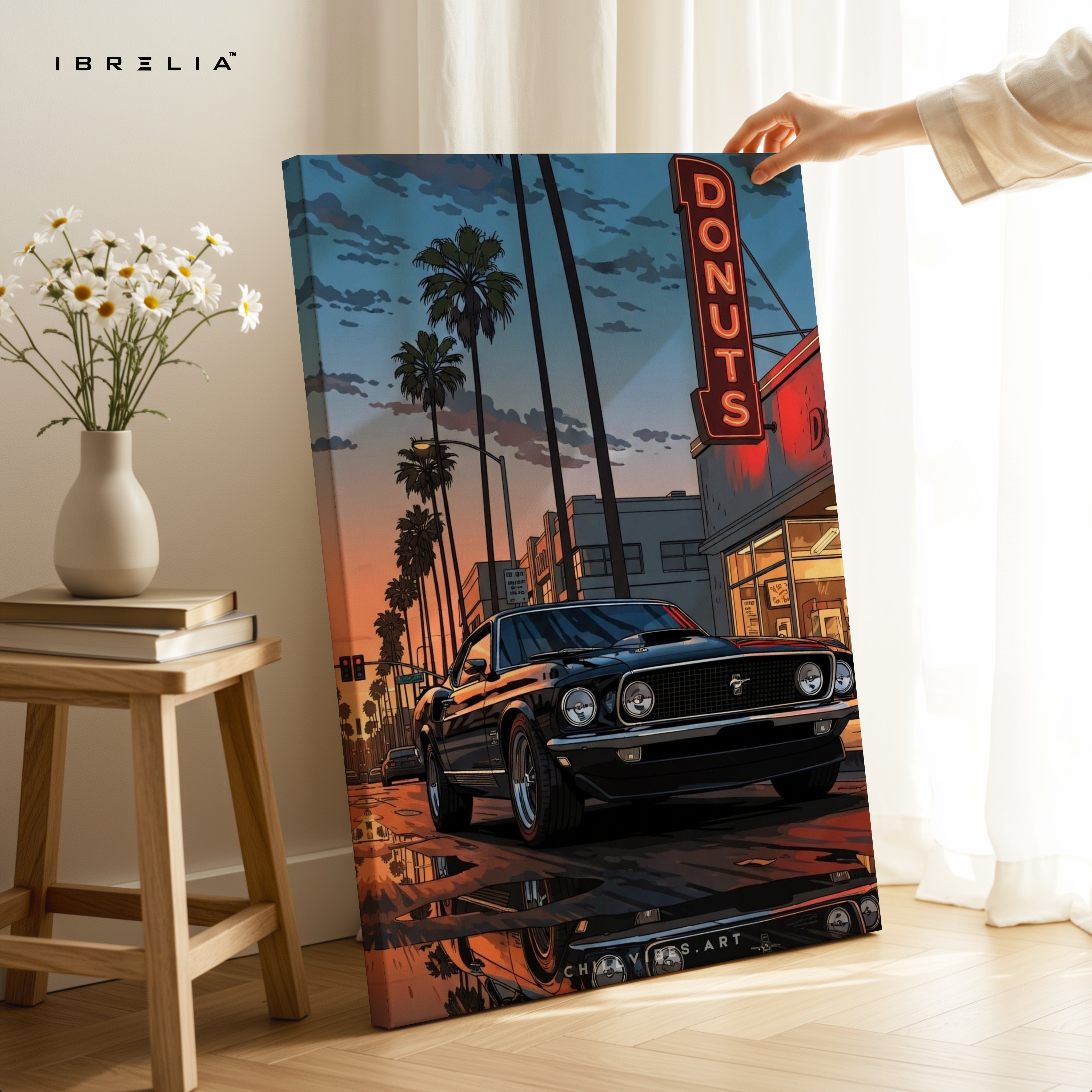 Sunset Drive Donut Stop – Retro Muscle Car Noir Art | 4K Ultra Wrap Frame Wall Art in Pakistan | IBRELIA™