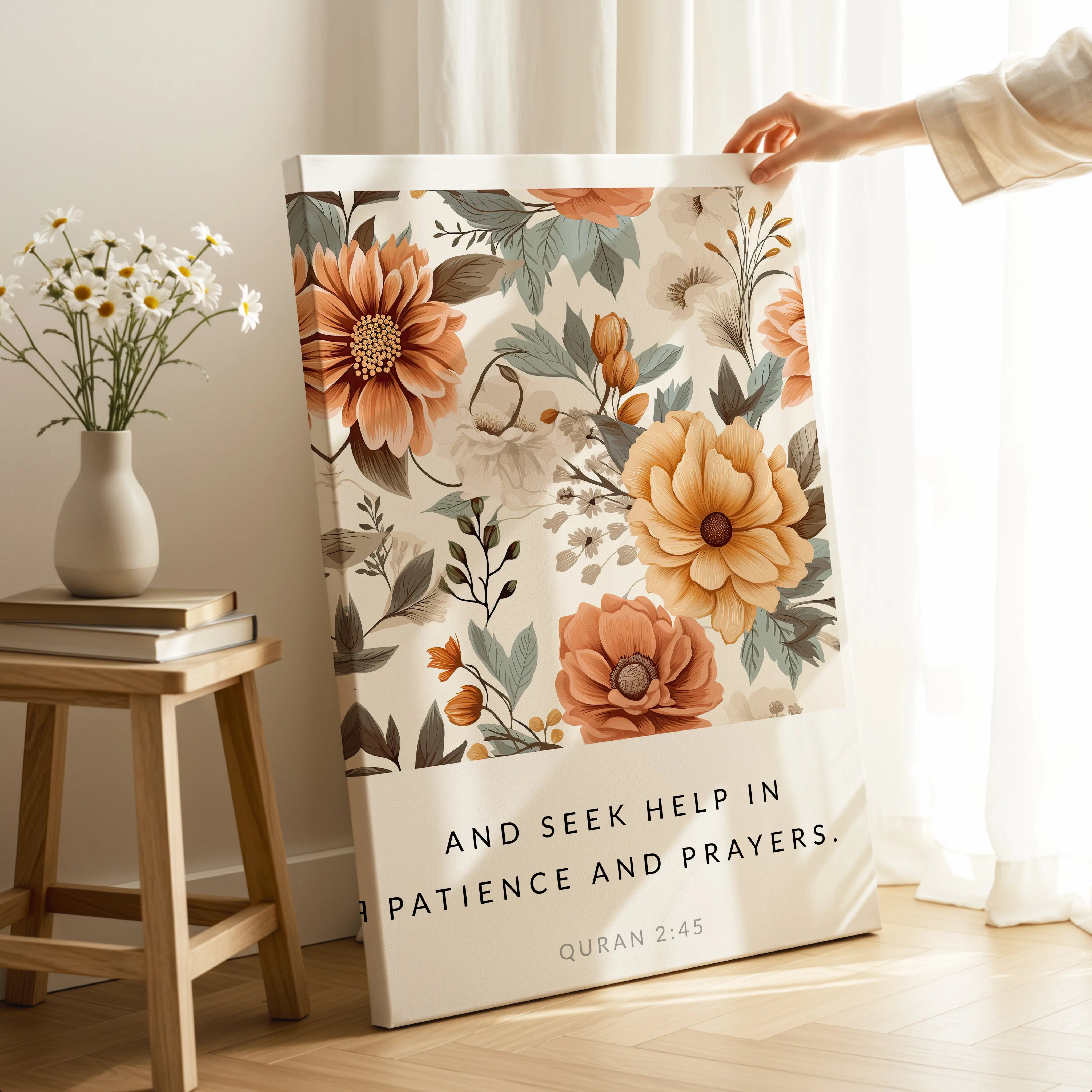 Seek Help in Patience and Prayer Quran 2:45 Islamic Wall Art – Warm Floral Design | 4K Ultra Wrap Frame Wall Art in Pakistan | IBRELIA™ IBRELIA