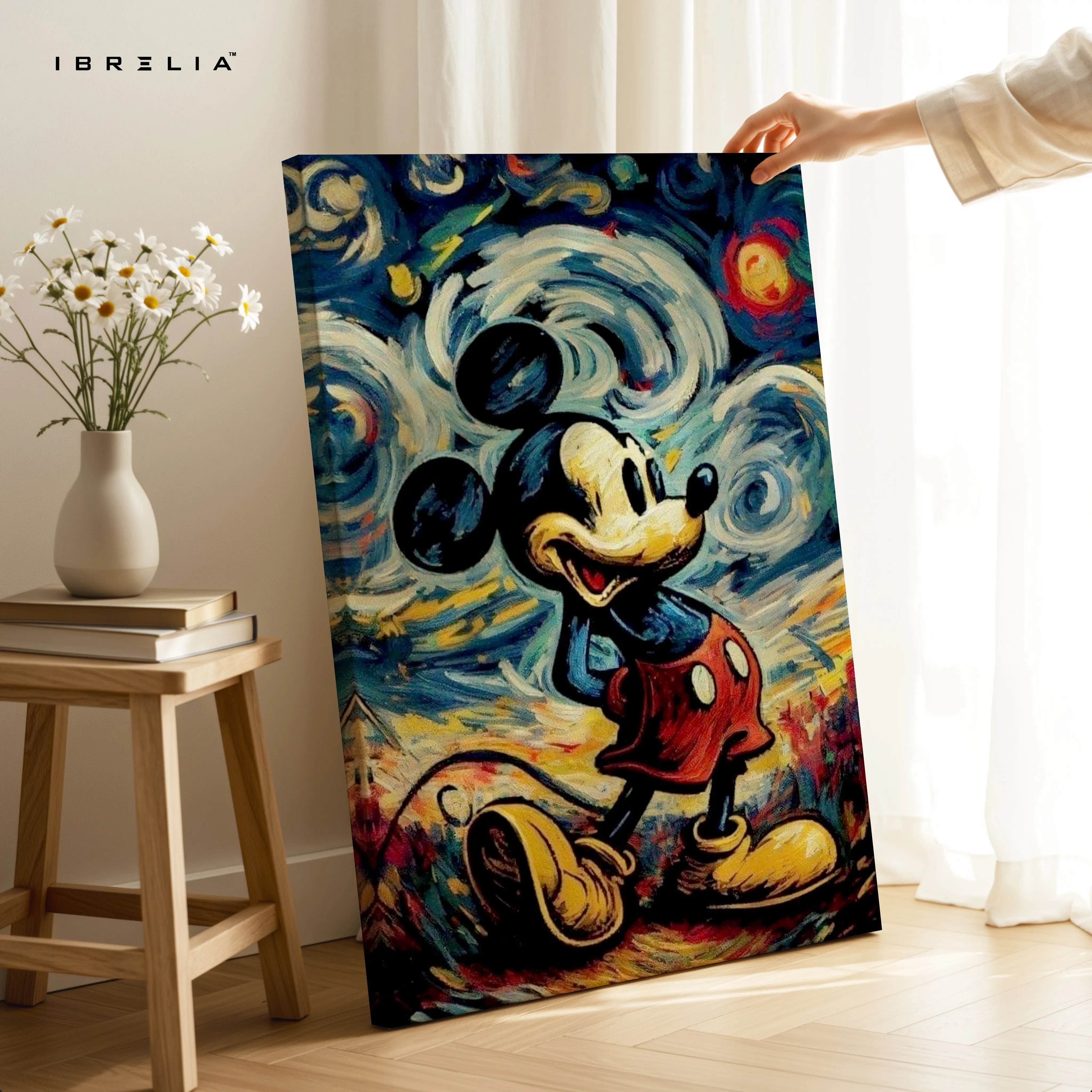Mickey Mouse Starry Night Wall Art – Artistic Cartoon Canvas Frame | Abstract Classic Painting Style Poster Pakistan | IBRELIA™ IBRELIA