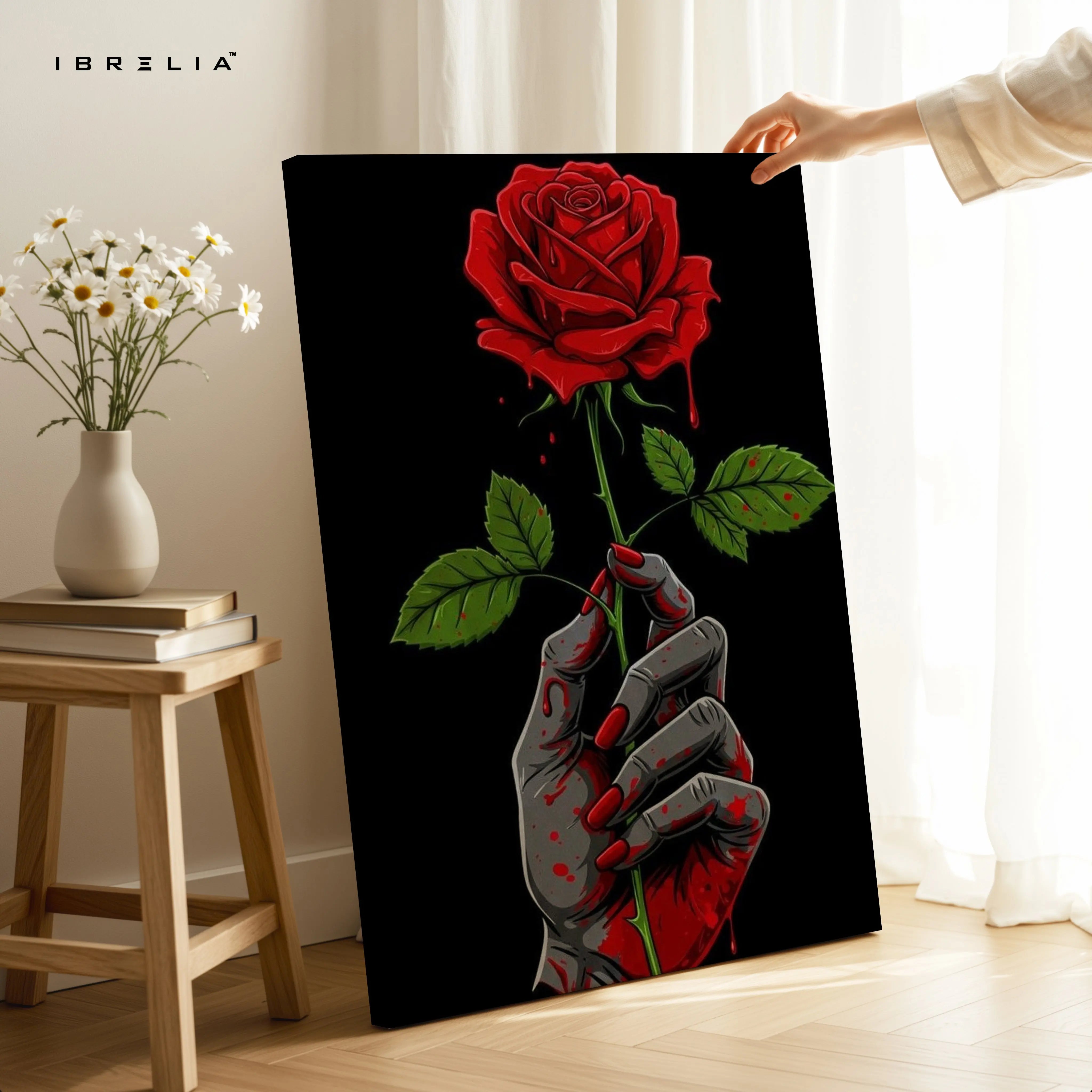 Crimson Bloom Hand – Dark Symbolic Rose Art | 4K Ultra Wrap Frame Wall Art in Pakistan | IBRELIA™ IBRELIA