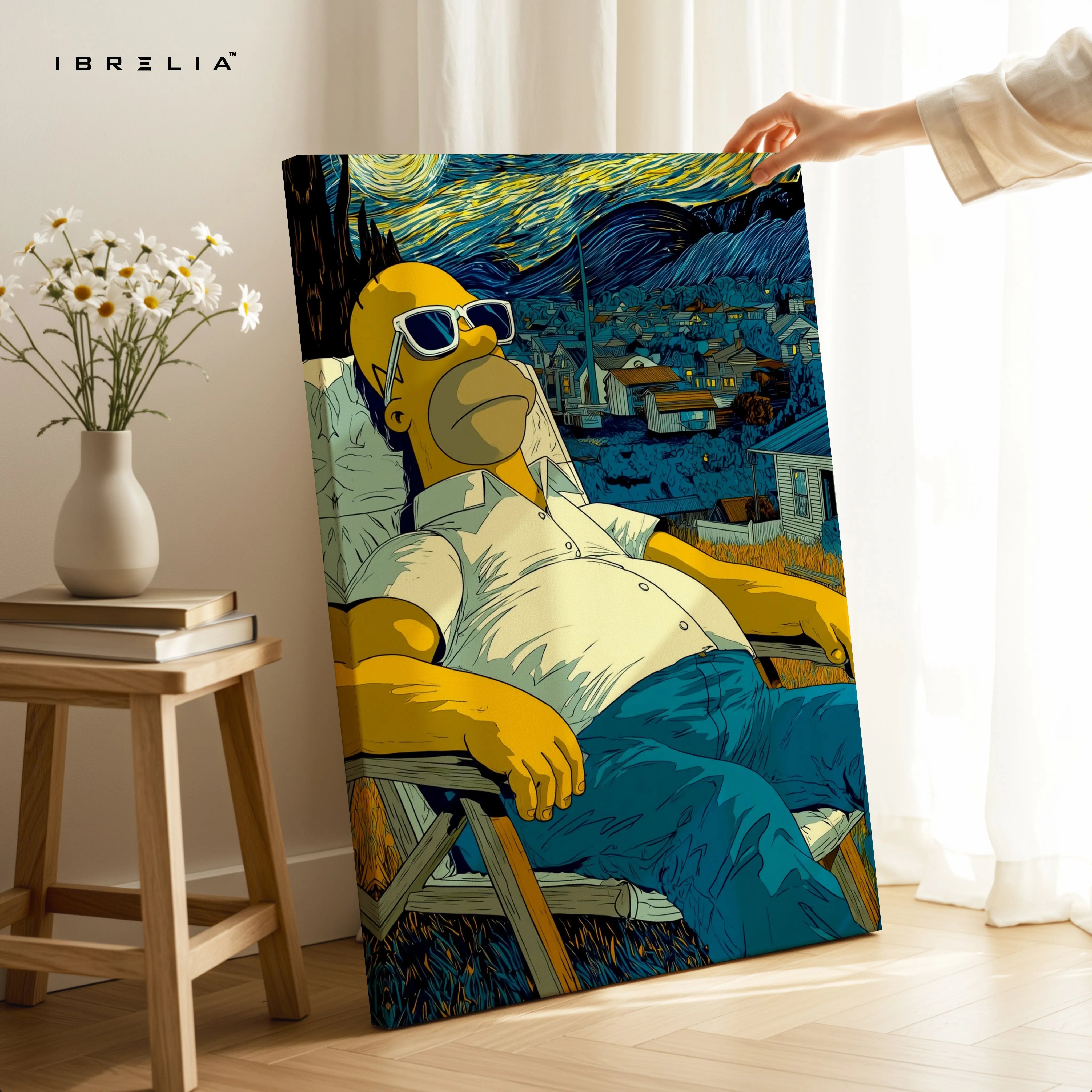 Homer Simpson Starry Chill Wall Art – Artistic Cartoon Canvas Frame | Van Gogh Style Aesthetic Decor Pakistan | IBRELIA™ IBRELIA