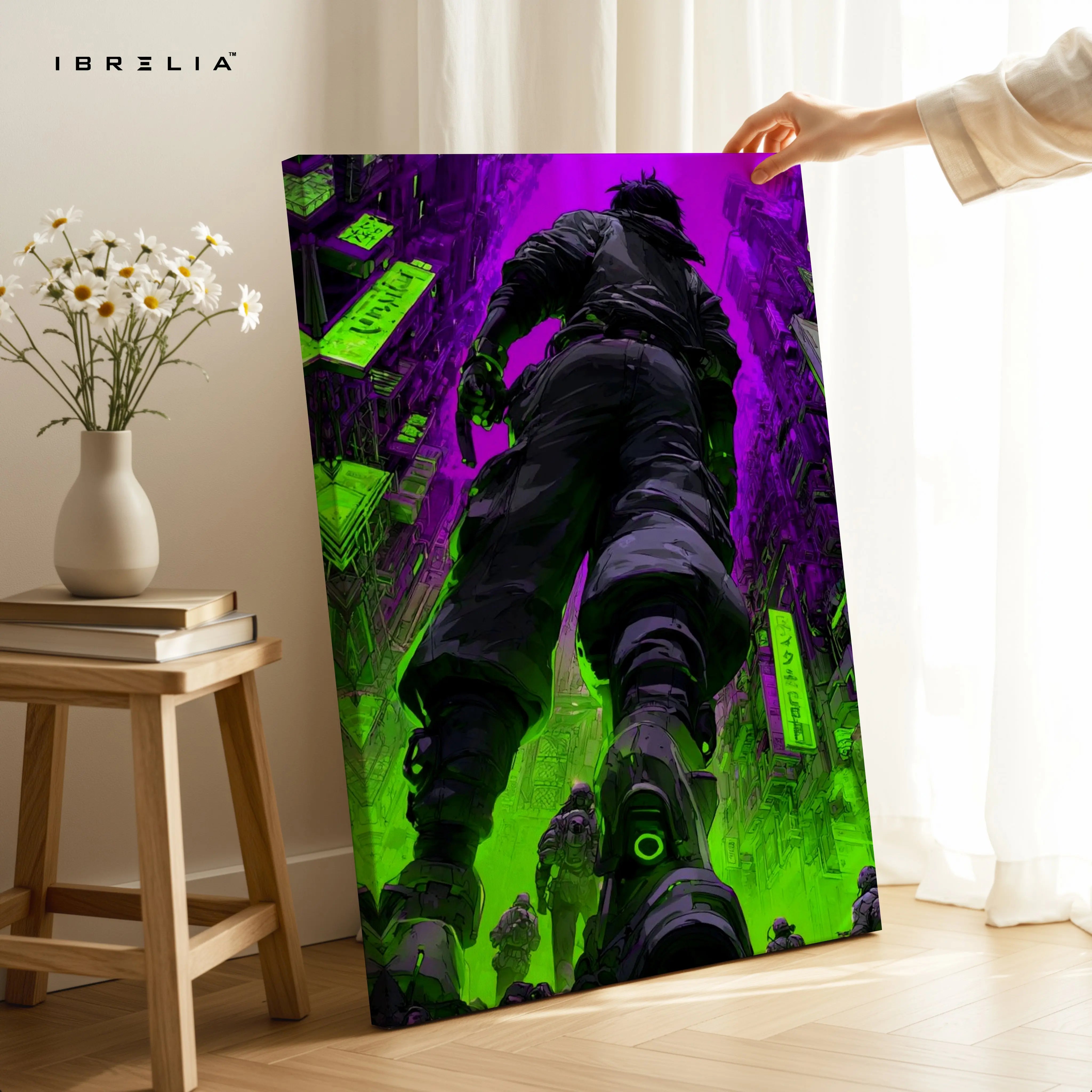 Cyberpunk Neon Soldier Wall Art – Futuristic City Canvas Frame | Sci-Fi Gaming Poster Pakistan | IBRELIA™ IBRELIA