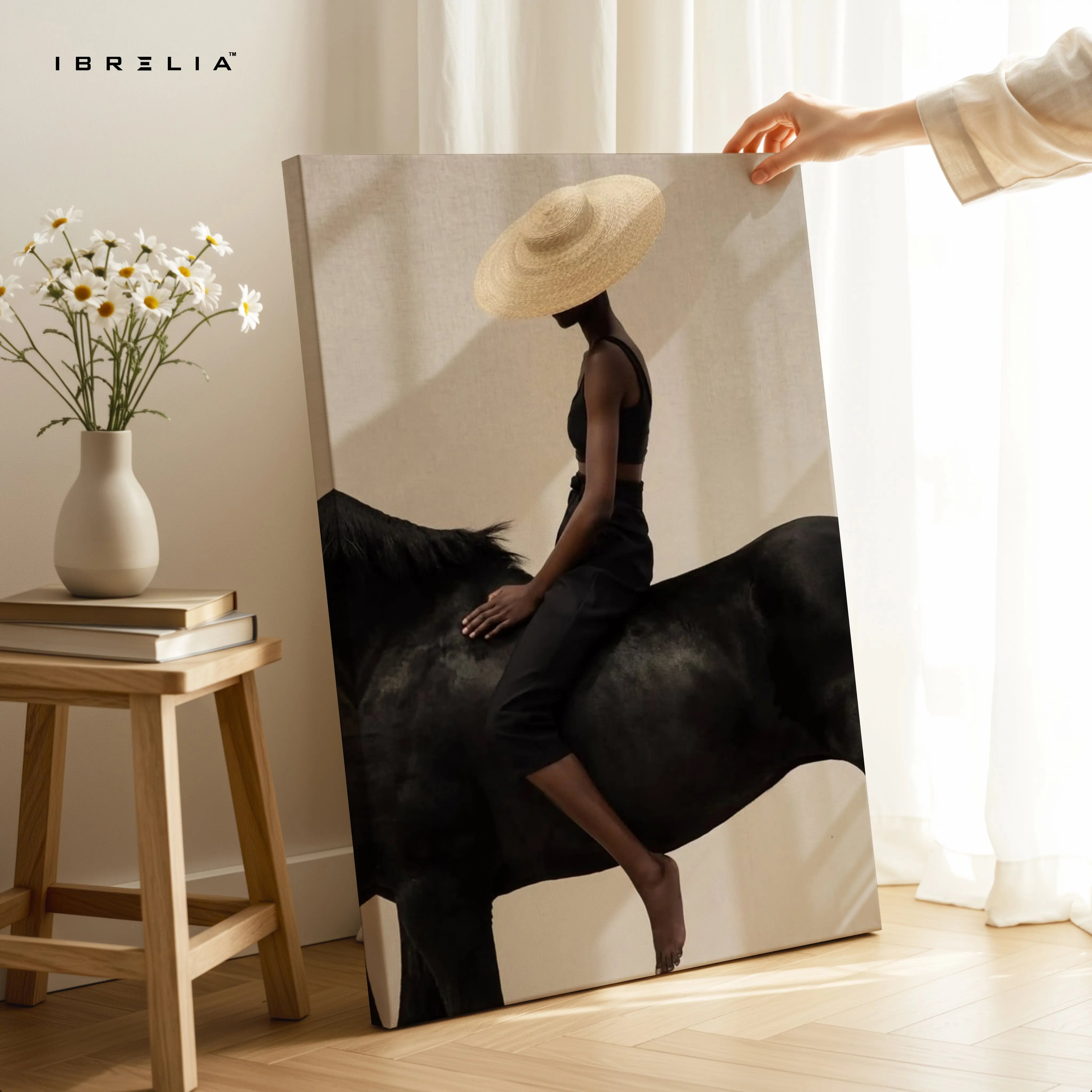 Minimal Equestrian Elegance Art – Modern Woman on Horse Aesthetic Wall Art | 4K Ultra Wrap Frame Wall Art in Pakistan | IBRELIA™ IBRELIA