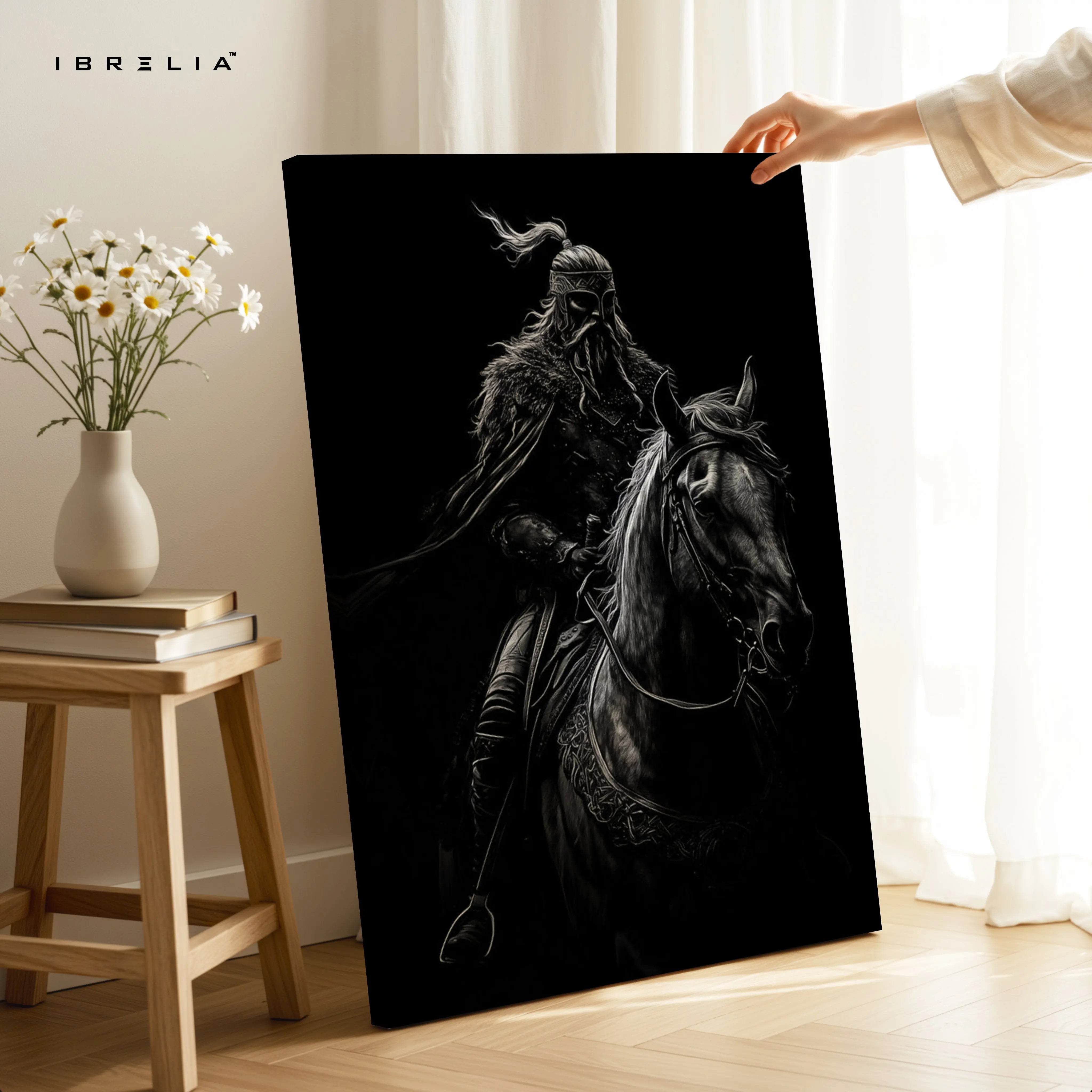 Dark Warrior Wall Art – Viking Rider Canvas Frame | Black Aesthetic Horse Poster Pakistan | IBRELIA™ IBRELIA
