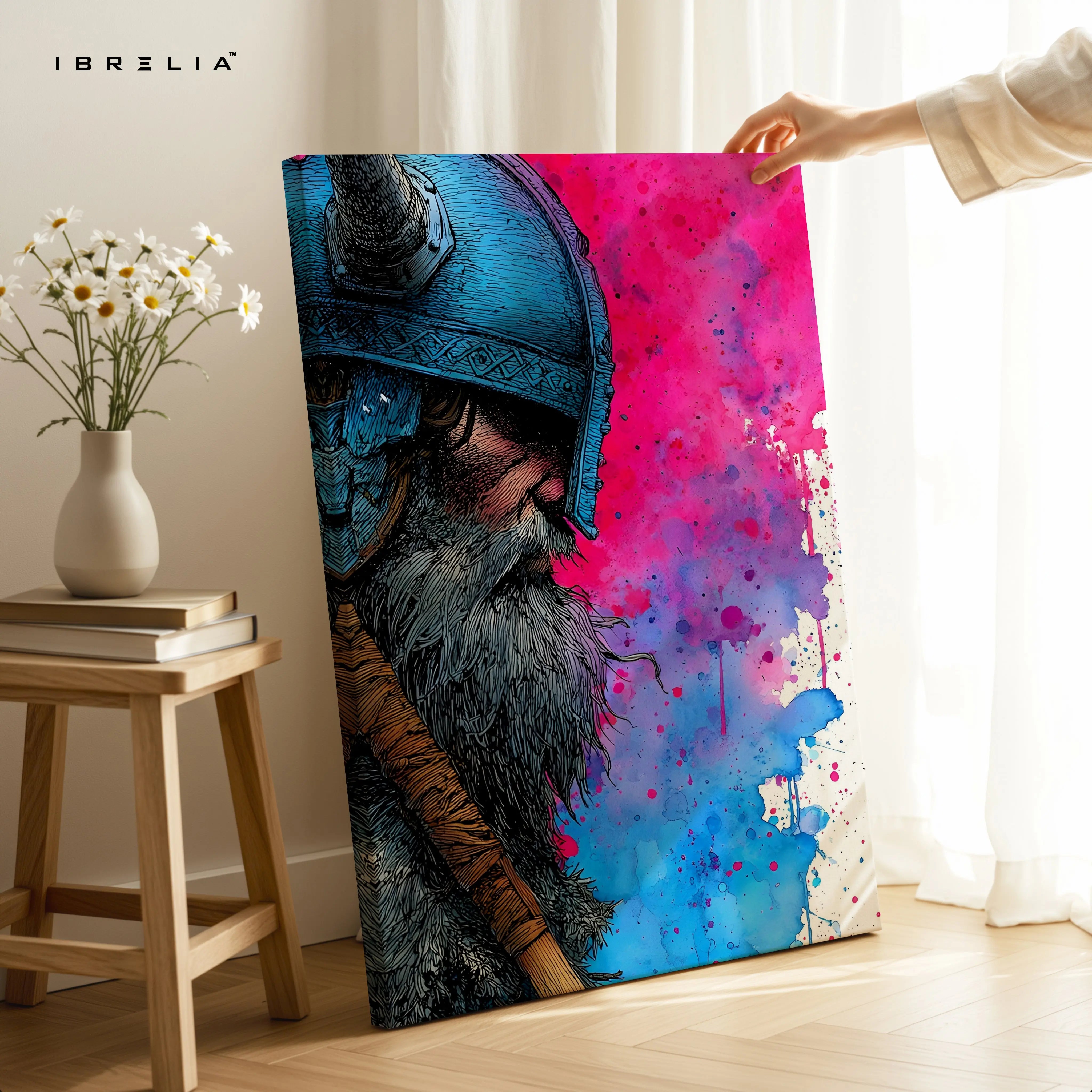 Viking Warrior Portrait Wall Art – Color Splash Norse Canvas Frame | Bold Warrior Illustration Poster Pakistan | IBRELIA™ IBRELIA