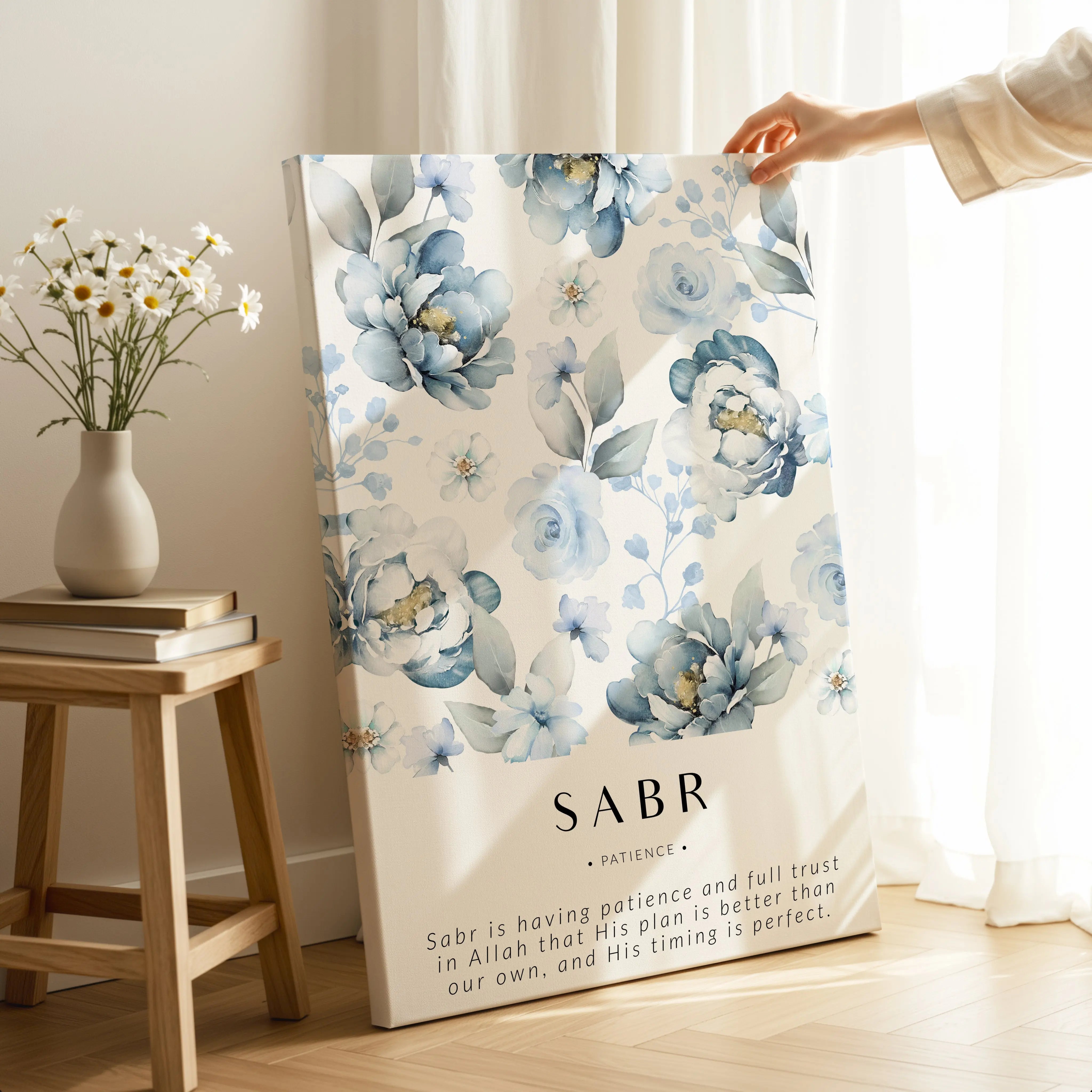 Sabr Islamic Wall Art – Blue Floral Patience Design | 4K Ultra Wrap Frame Wall Art in Pakistan | IBRELIA™ IBRELIA