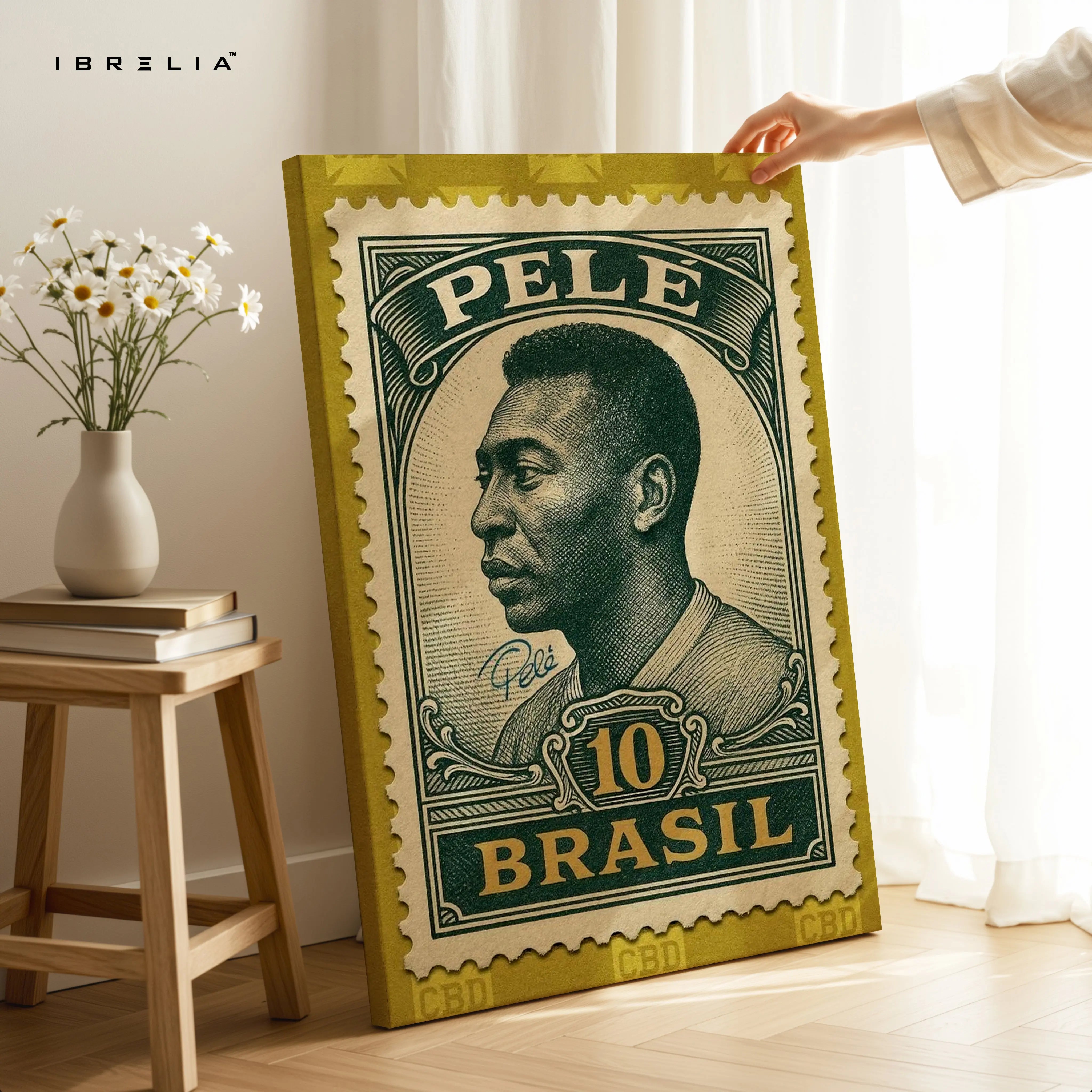 Pelé Vintage Stamp Wall Art – Brazil Football Legend Canvas Frame | Classic Sports Poster Pakistan | IBRELIA™ IBRELIA