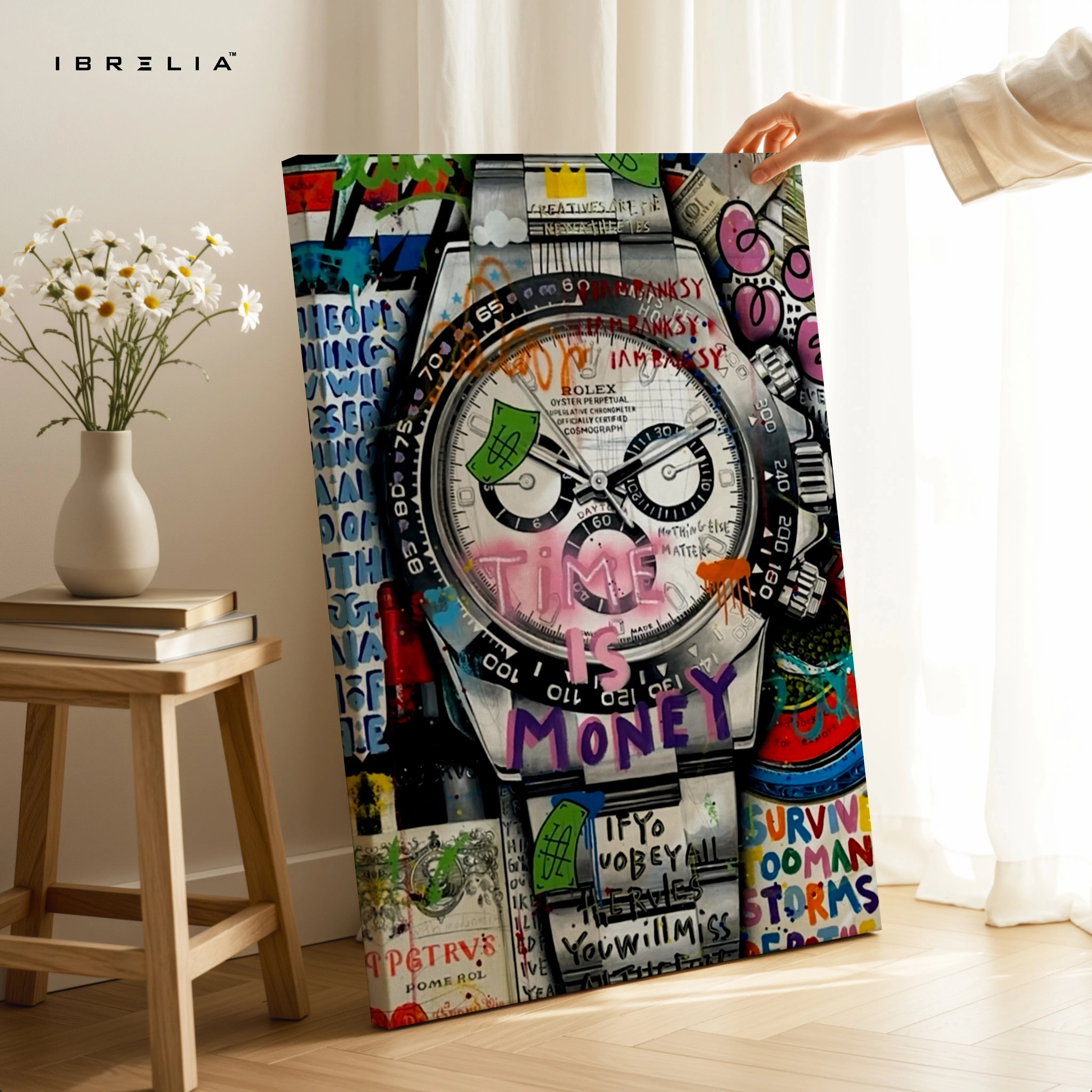 Luxury Watch Graffiti Wall Art – Rolex Inspired Street Art Poster | Time Is Money Canvas Frame Pakistan | IBRELIA™ IBRELIA