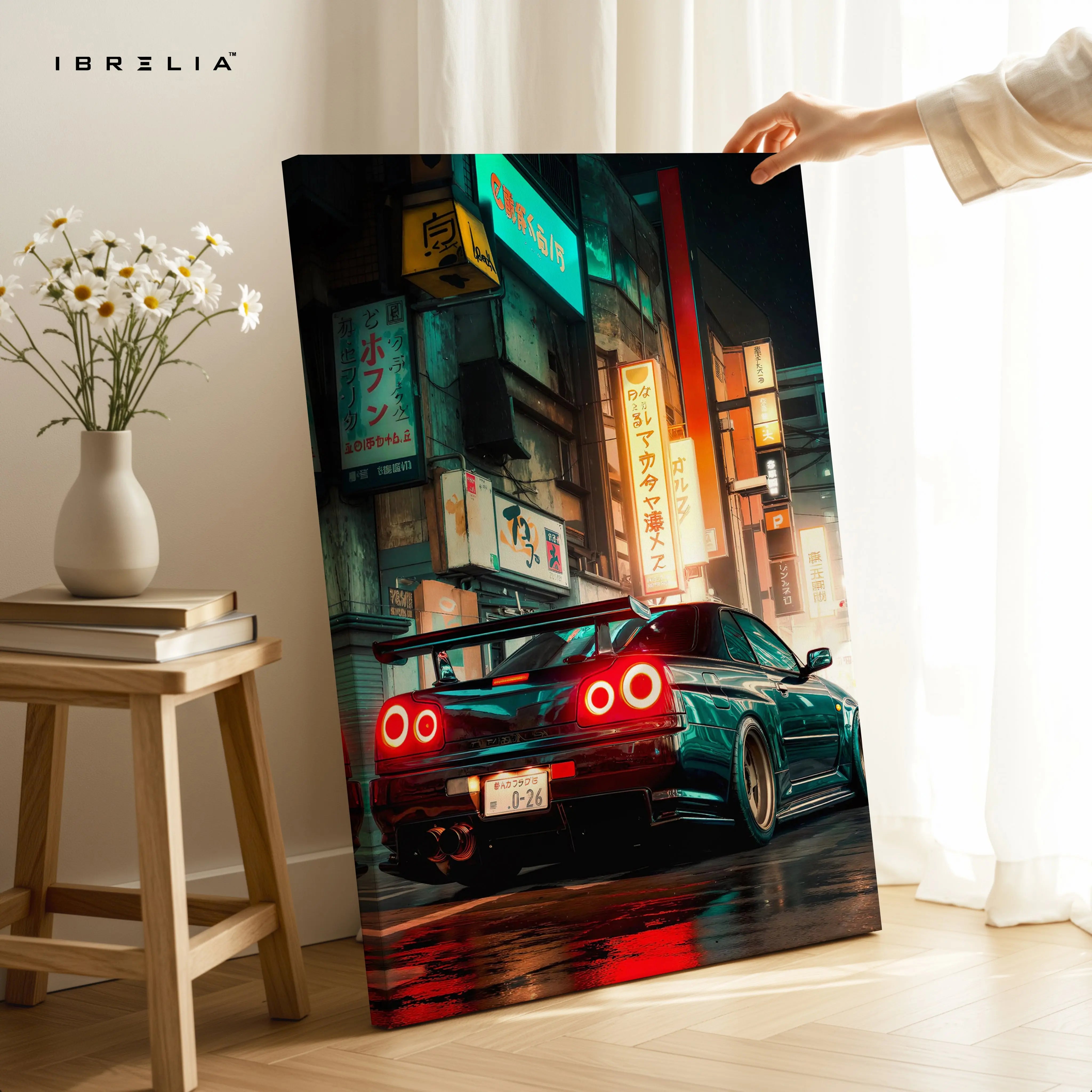 JDM Neon Night Street Car Art – Cyberpunk Tokyo Style Sports Car Wall Art | 4K Ultra Wrap Frame Wall Art in Pakistan | IBRELIA™ IBRELIA