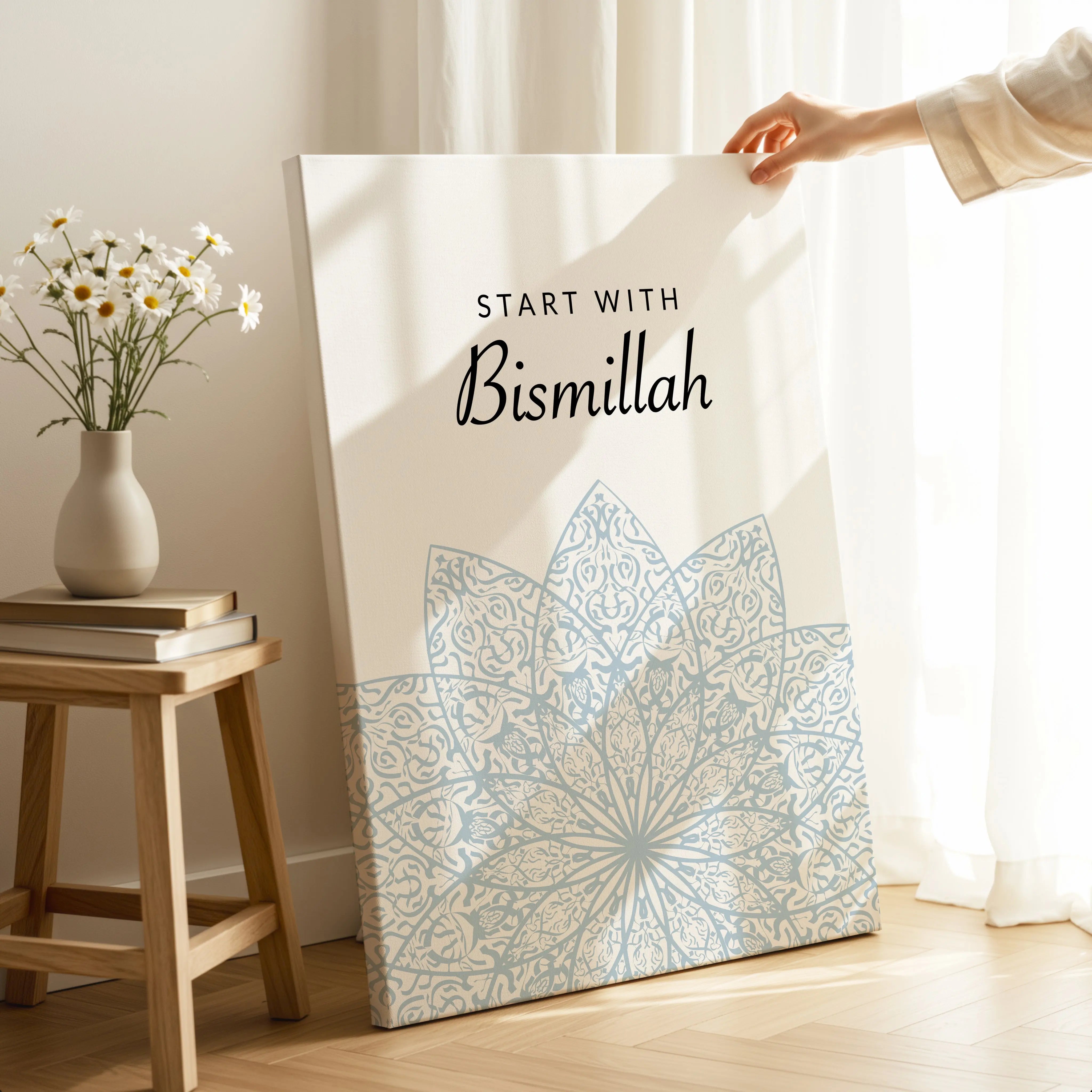 Start With Bismillah Islamic Wall Art – Soft Blue Mandala Design | 4K Ultra Wrap Frame Wall Art in Pakistan | IBRELIA™ IBRELIA