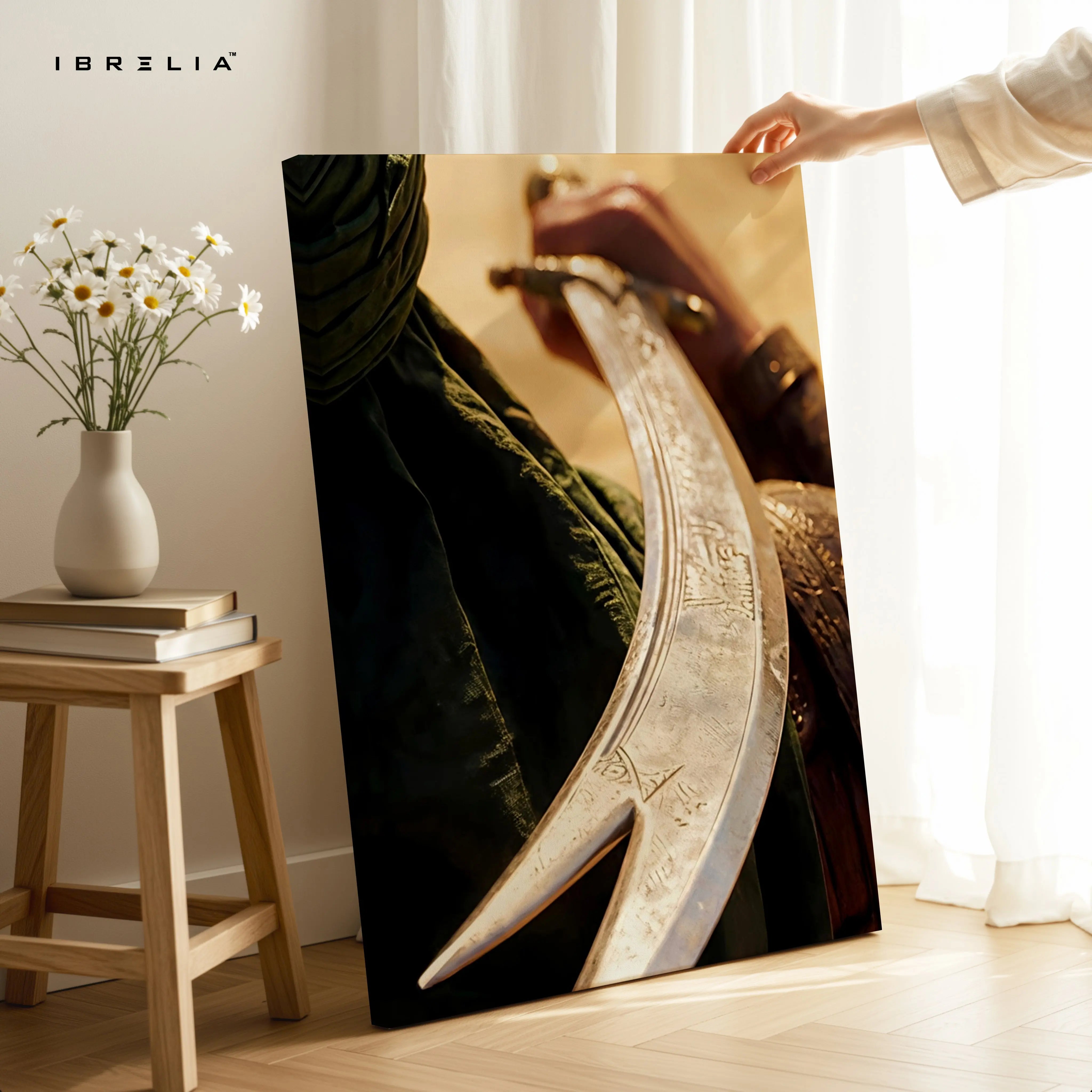Islamic Warrior Sword Wall Art – Arabic Calligraphy Blade Canvas Frame | Vintage Islamic Art Poster Pakistan | IBRELIA™ IBRELIA