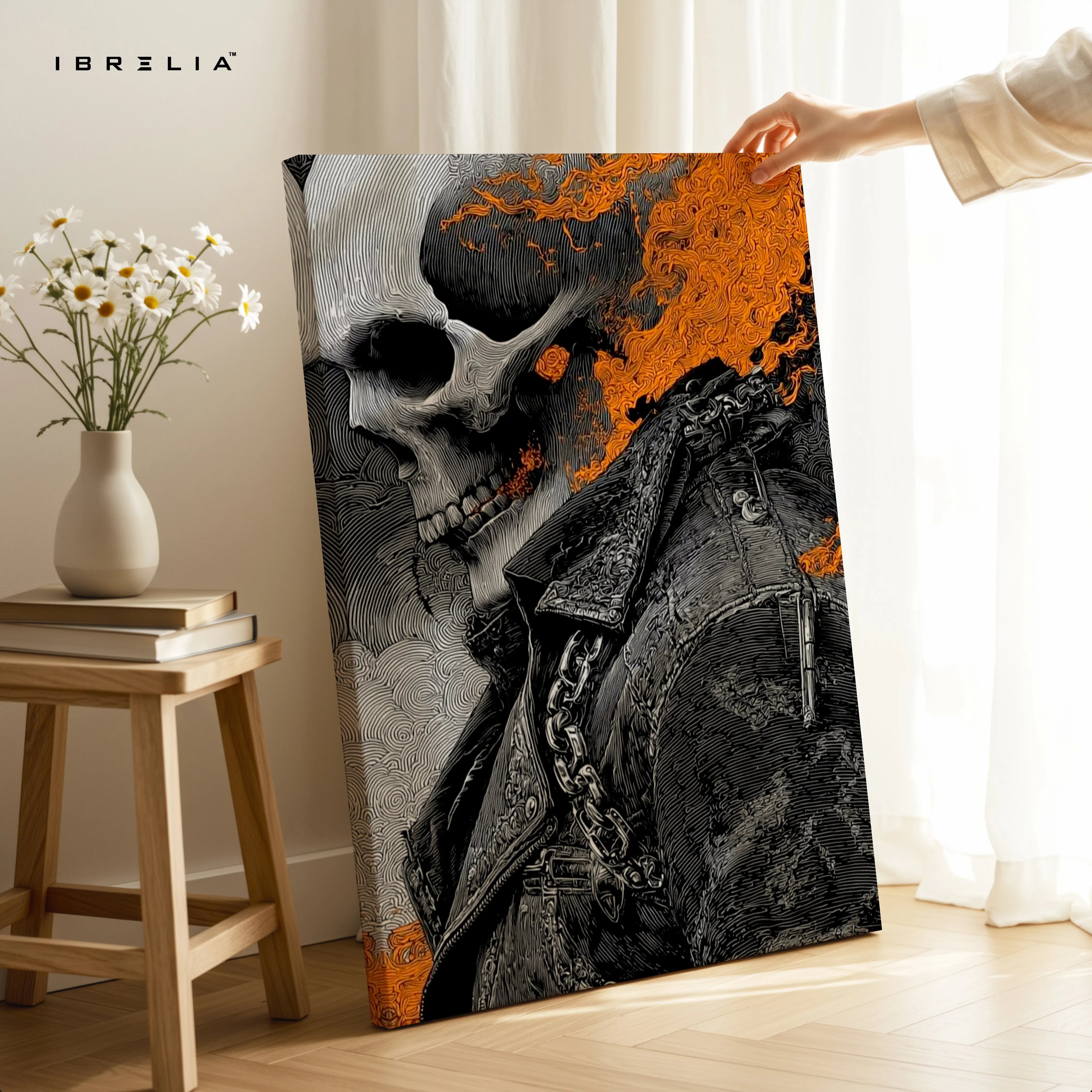 Flaming Skull Wall Art – Dark Biker Canvas Frame | Fire Skull Poster Pakistan | IBRELIA™ IBRELIA