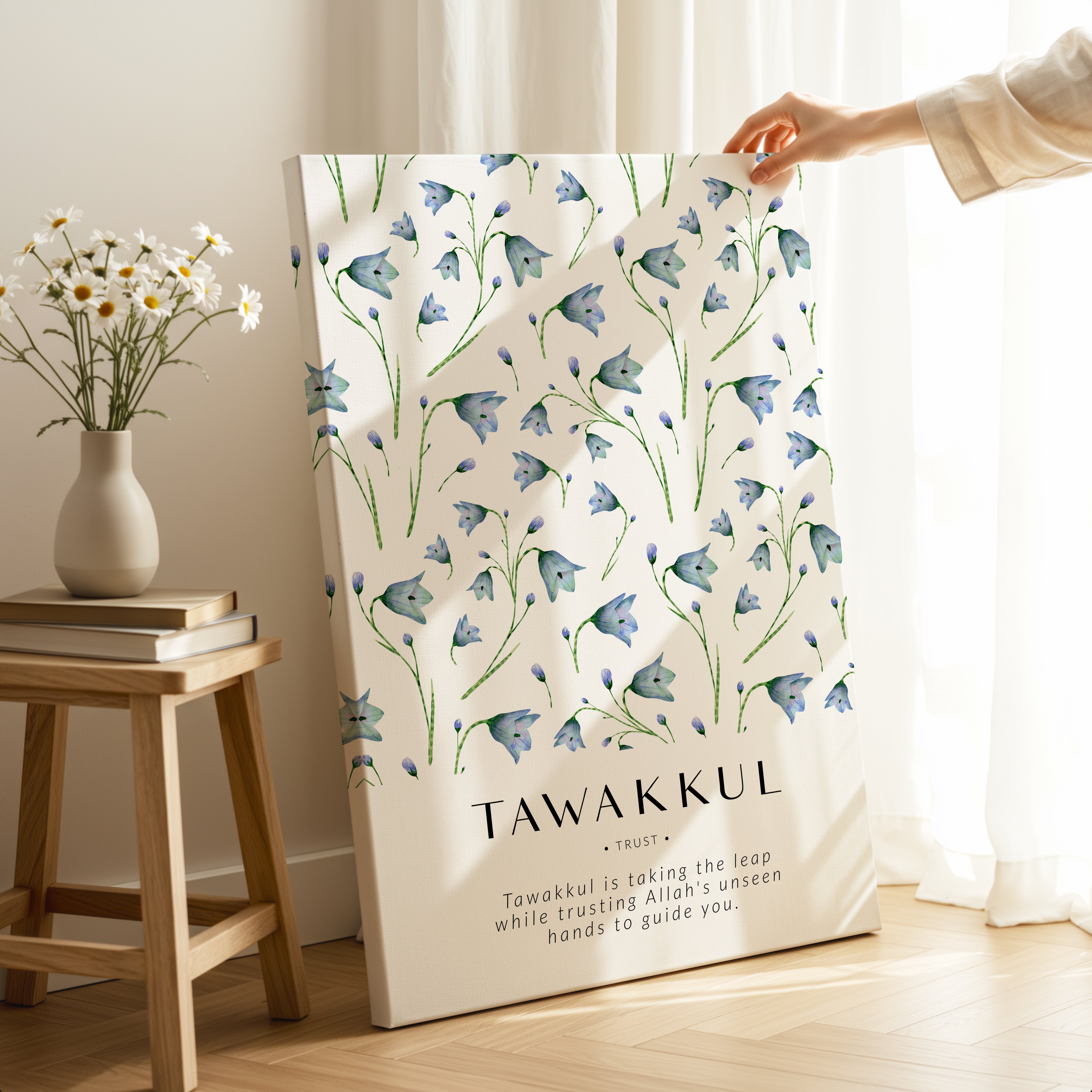 Tawakkul Trust Islamic Wall Art – Blue Bell Floral Botanical Design | 4K Ultra Wrap Frame Wall Art in Pakistan | IBRELIA™