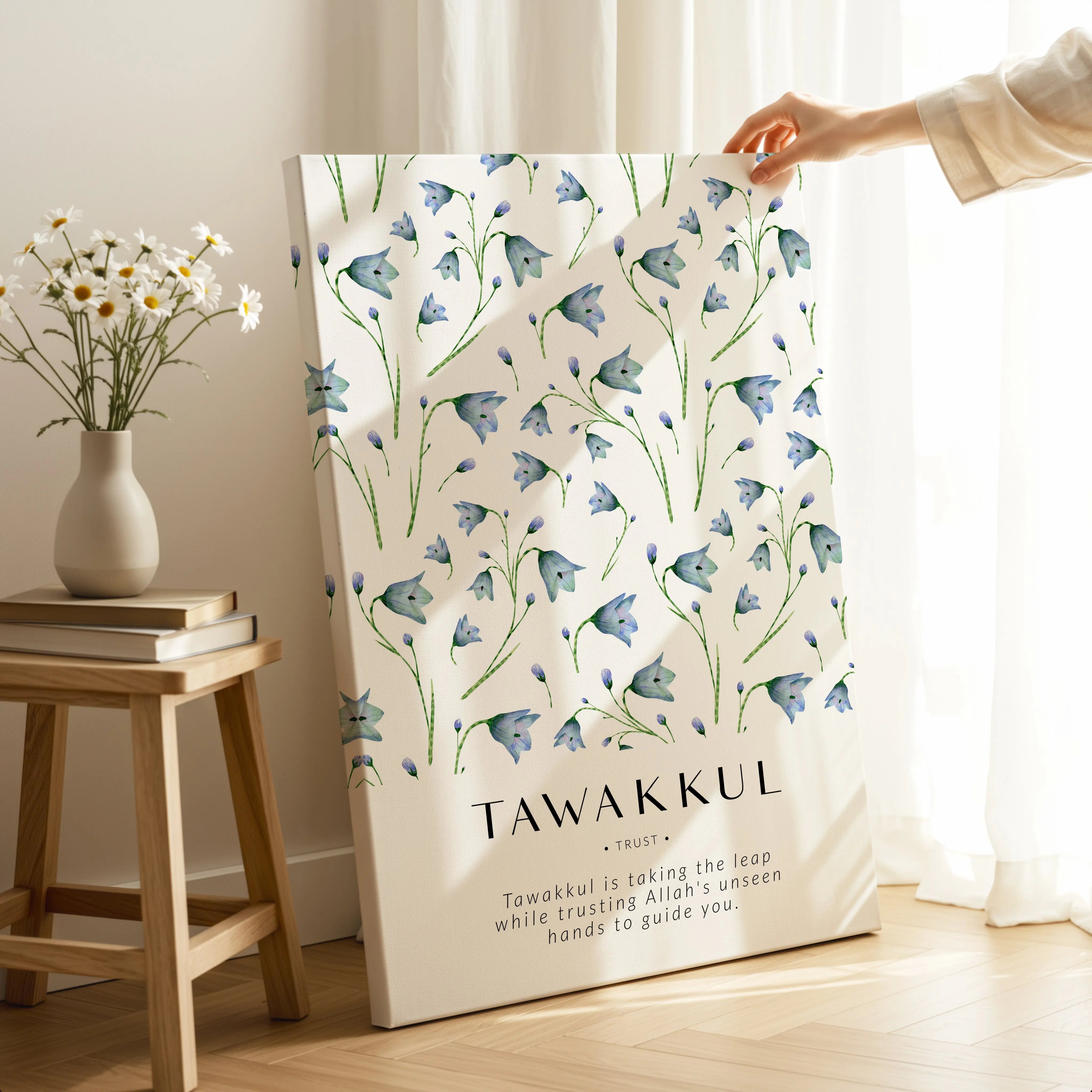 Tawakkul Trust Islamic Wall Art – Blue Bell Floral Botanical Design | 4K Ultra Wrap Frame Wall Art in Pakistan | IBRELIA™ IBRELIA