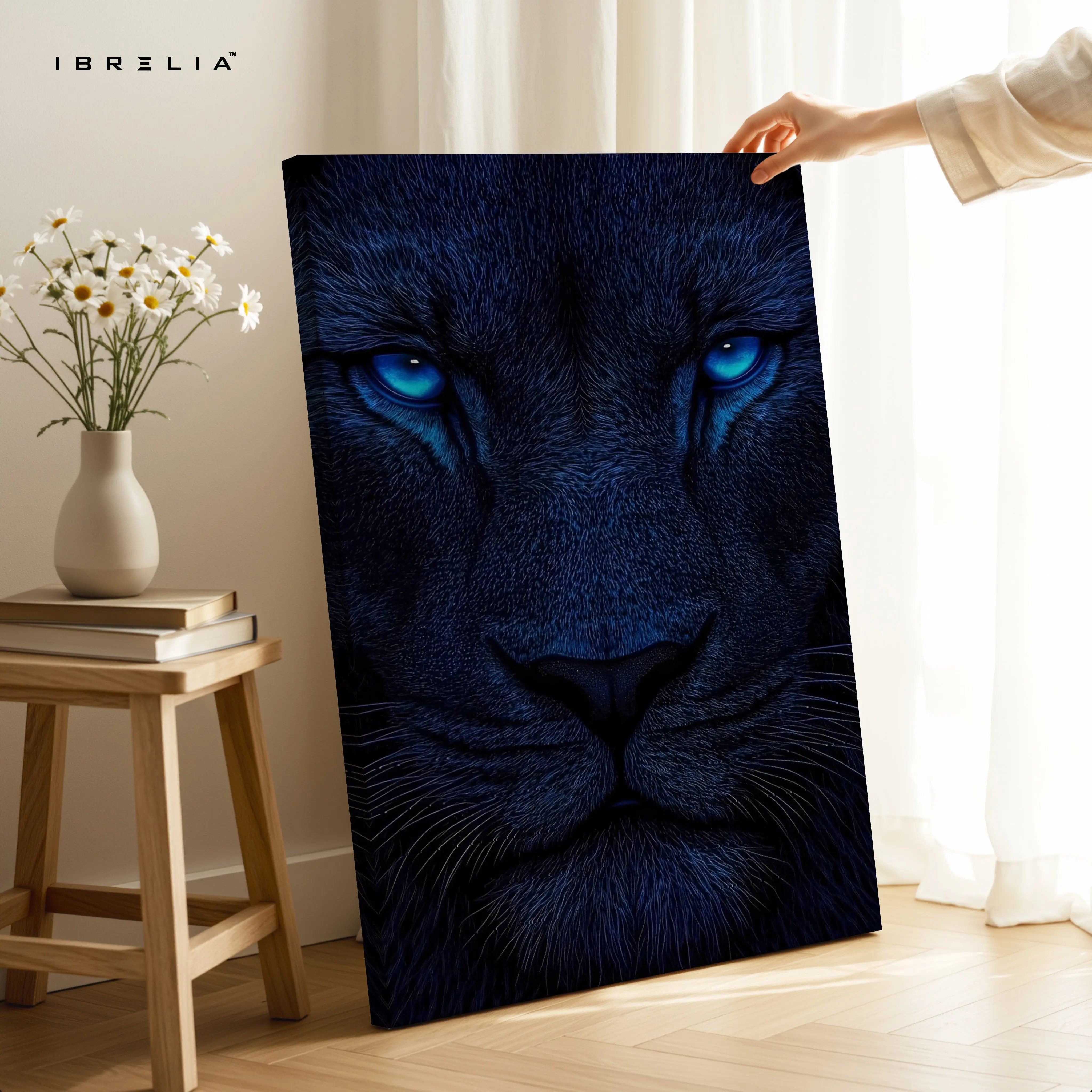 Blue Eyes Lion Wall Art – Dark Aesthetic Wildlife Canvas Frame | Luxury Animal Poster Pakistan | IBRELIA™ IBRELIA