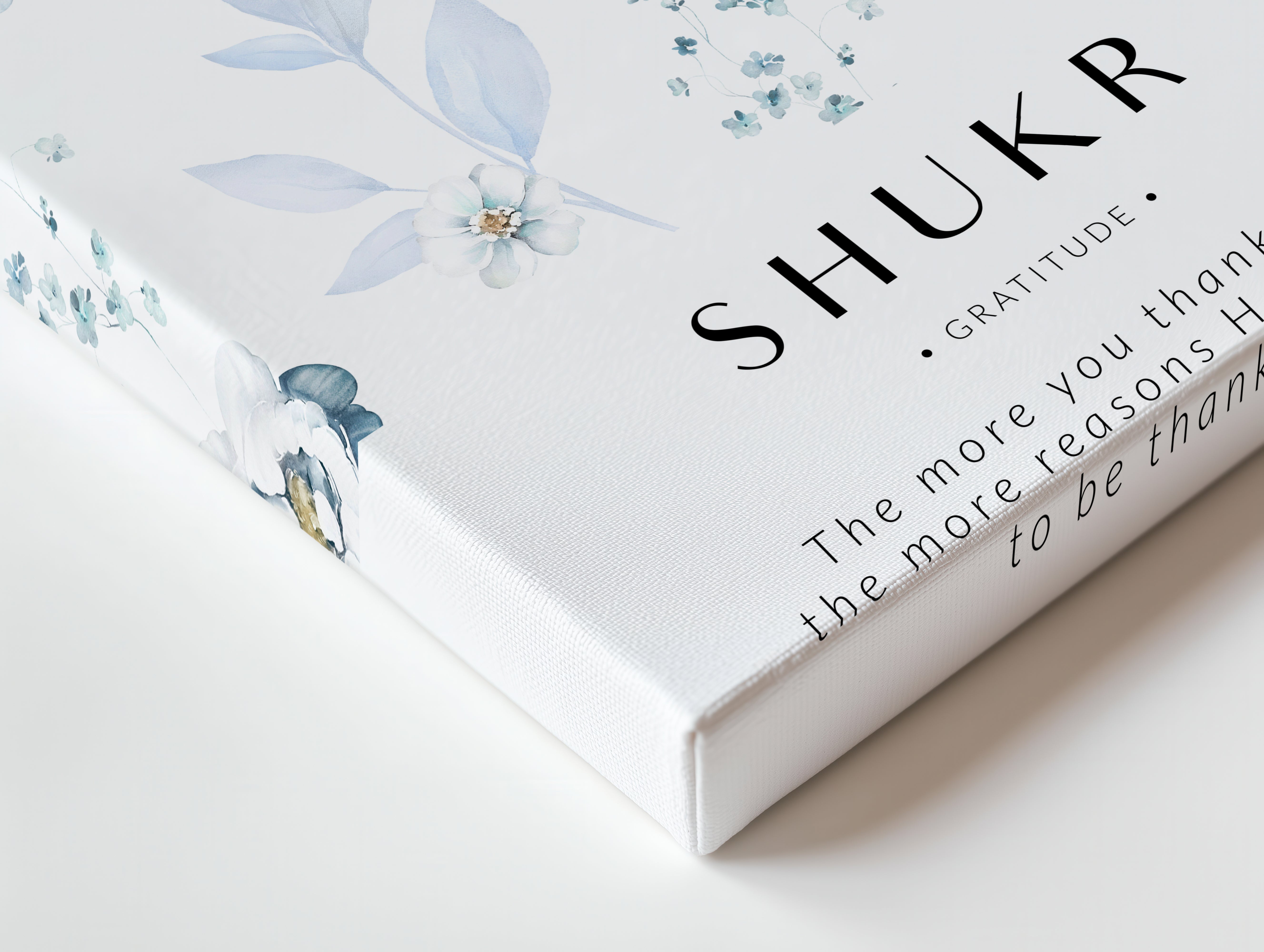 Shukr Islamic Wall Art – Blue Floral Gratitude Design | 4K Ultra Wrap Frame Wall Art in Pakistan | IBRELIA™