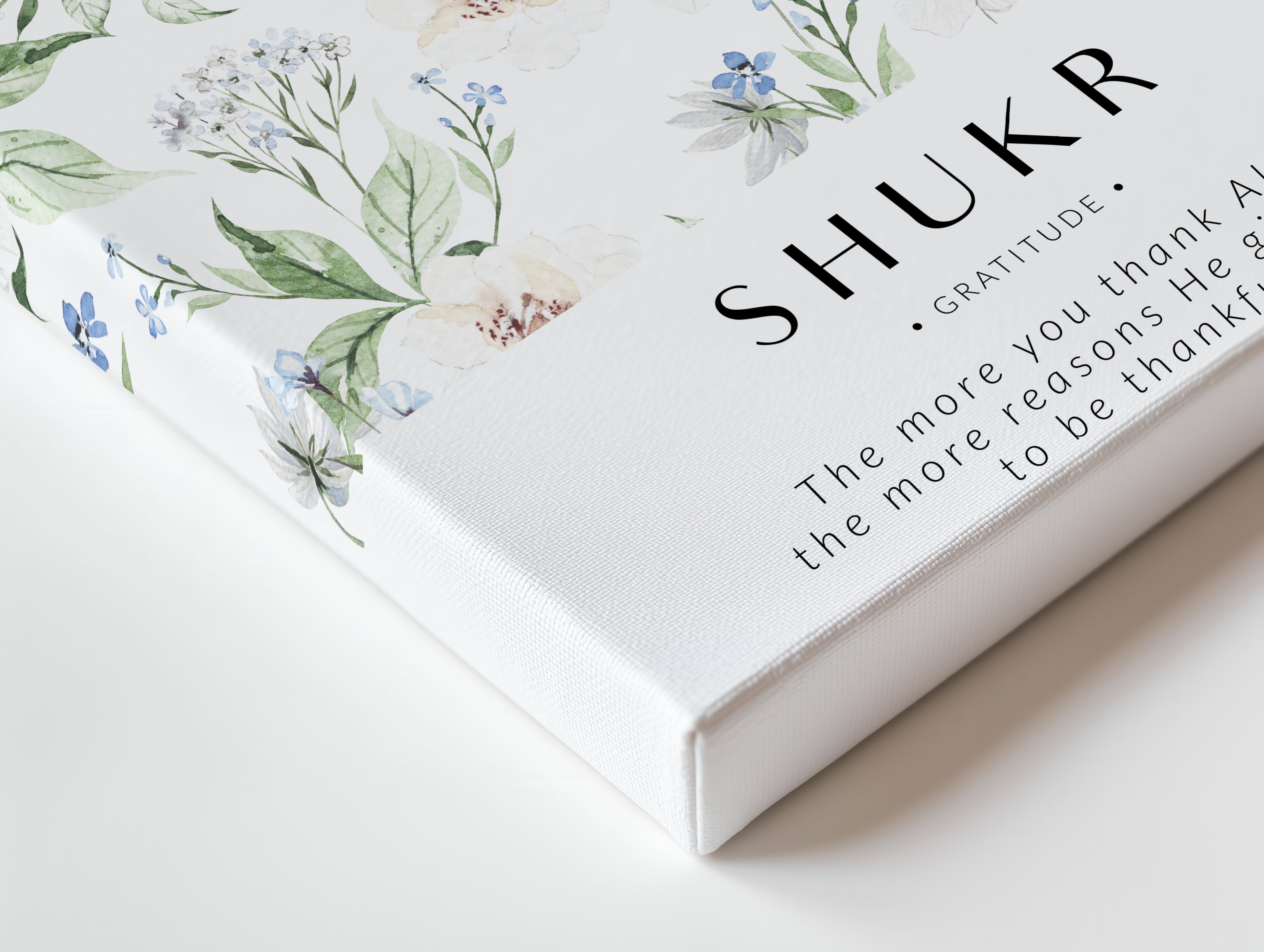 Shukr Gratitude Islamic Wall Art – Blue Floral Botanical Design | 4K Ultra Wrap Frame Wall Art in Pakistan | IBRELIA™