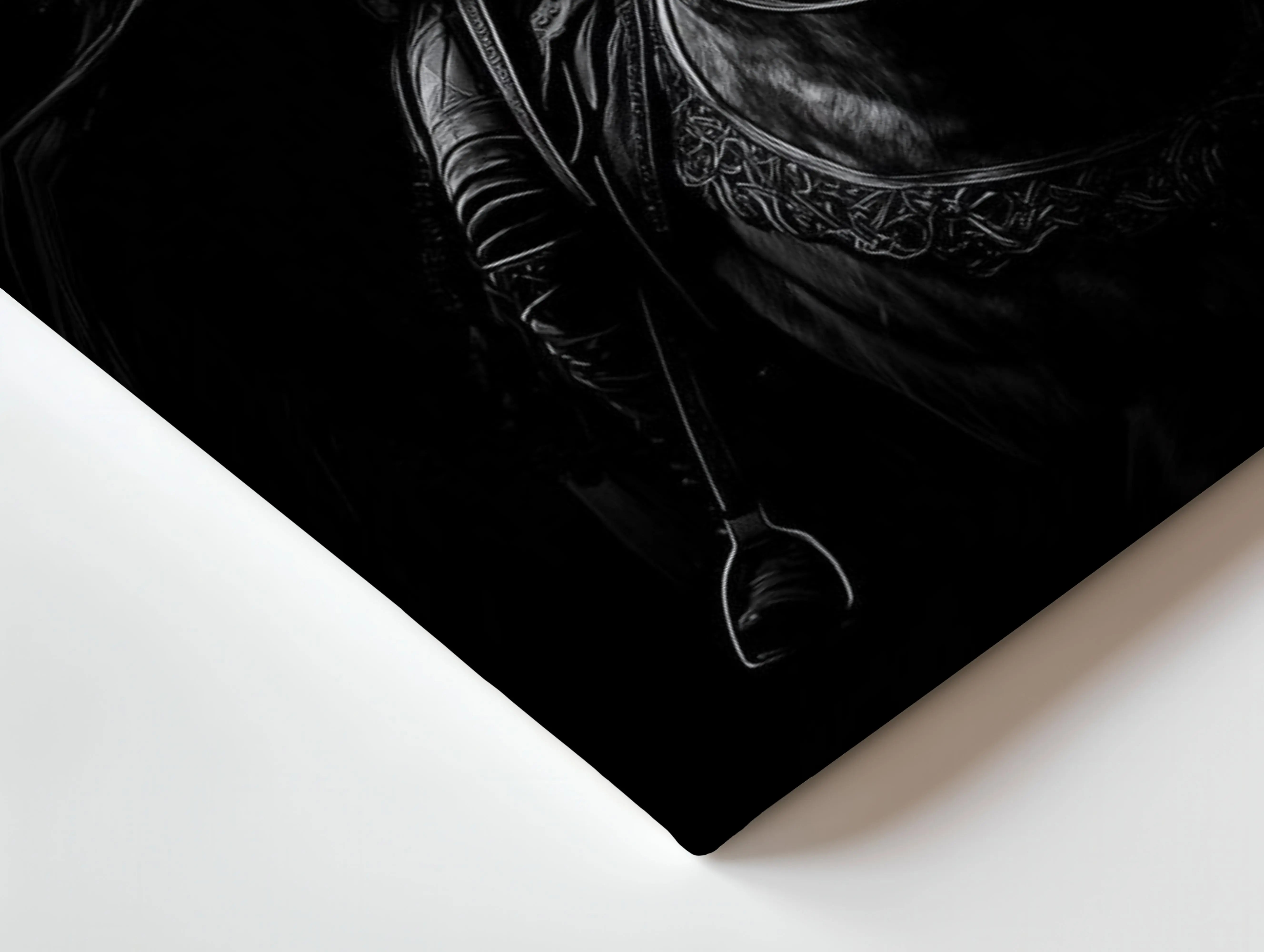 Dark Warrior Wall Art – Viking Rider Canvas Frame | Black Aesthetic Horse Poster Pakistan | IBRELIA™ IBRELIA