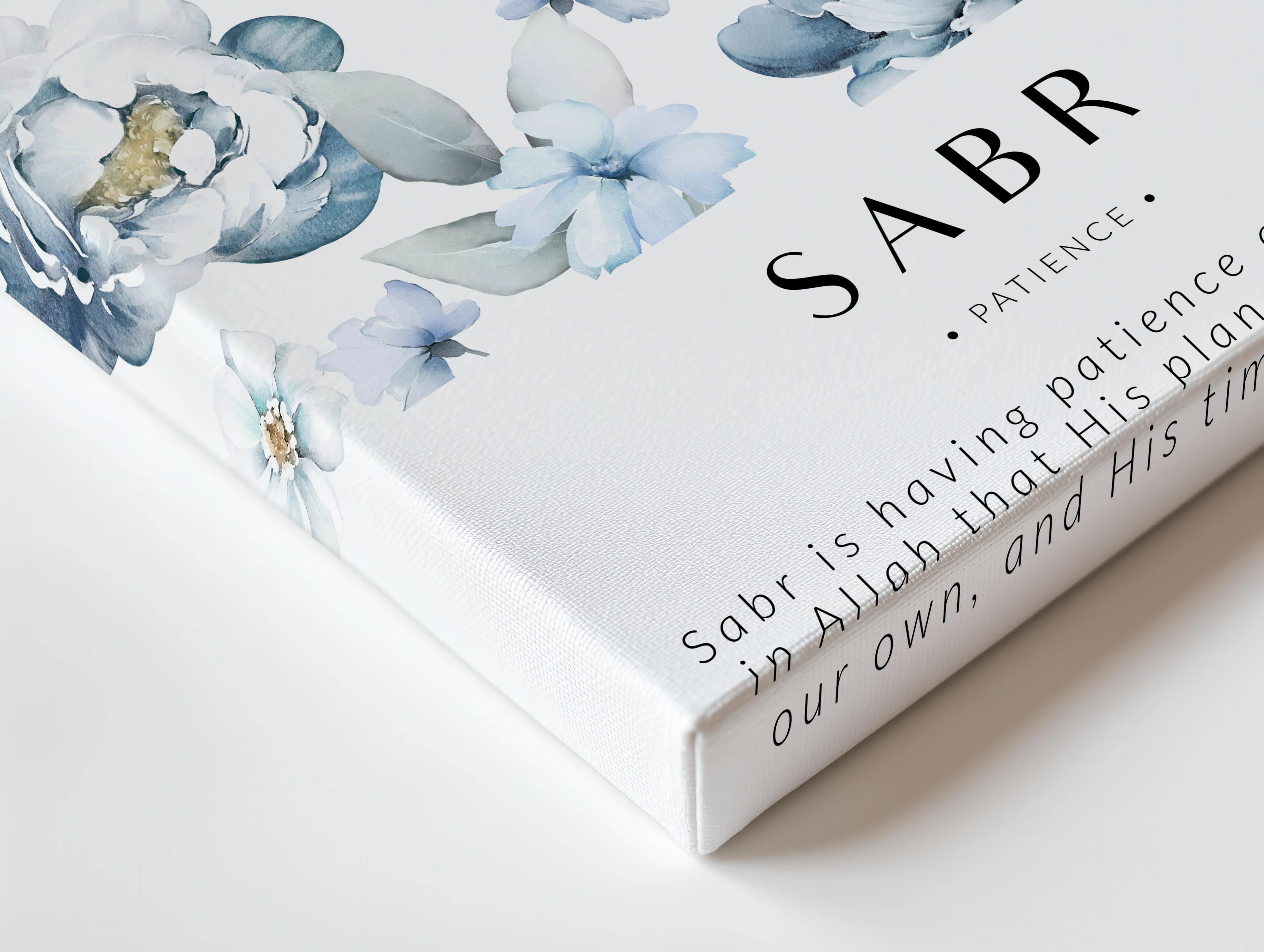 Sabr Islamic Wall Art – Blue Floral Patience Design | 4K Ultra Wrap Frame Wall Art in Pakistan | IBRELIA™ IBRELIA