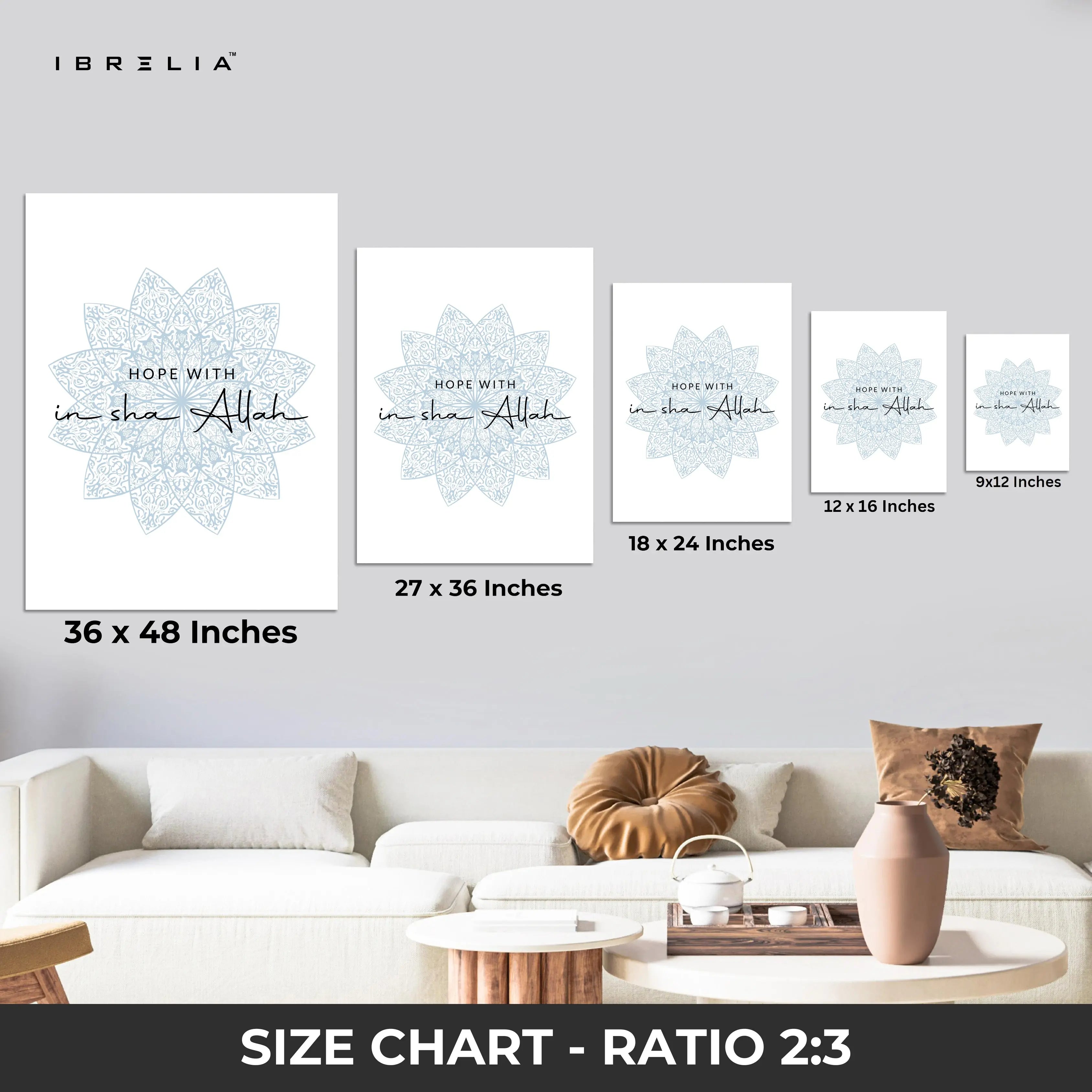 Hope With Insha Allah Islamic Wall Art – Soft Blue Mandala Design | 4K Ultra Wrap Frame Wall Art in Pakistan | IBRELIA™ IBRELIA