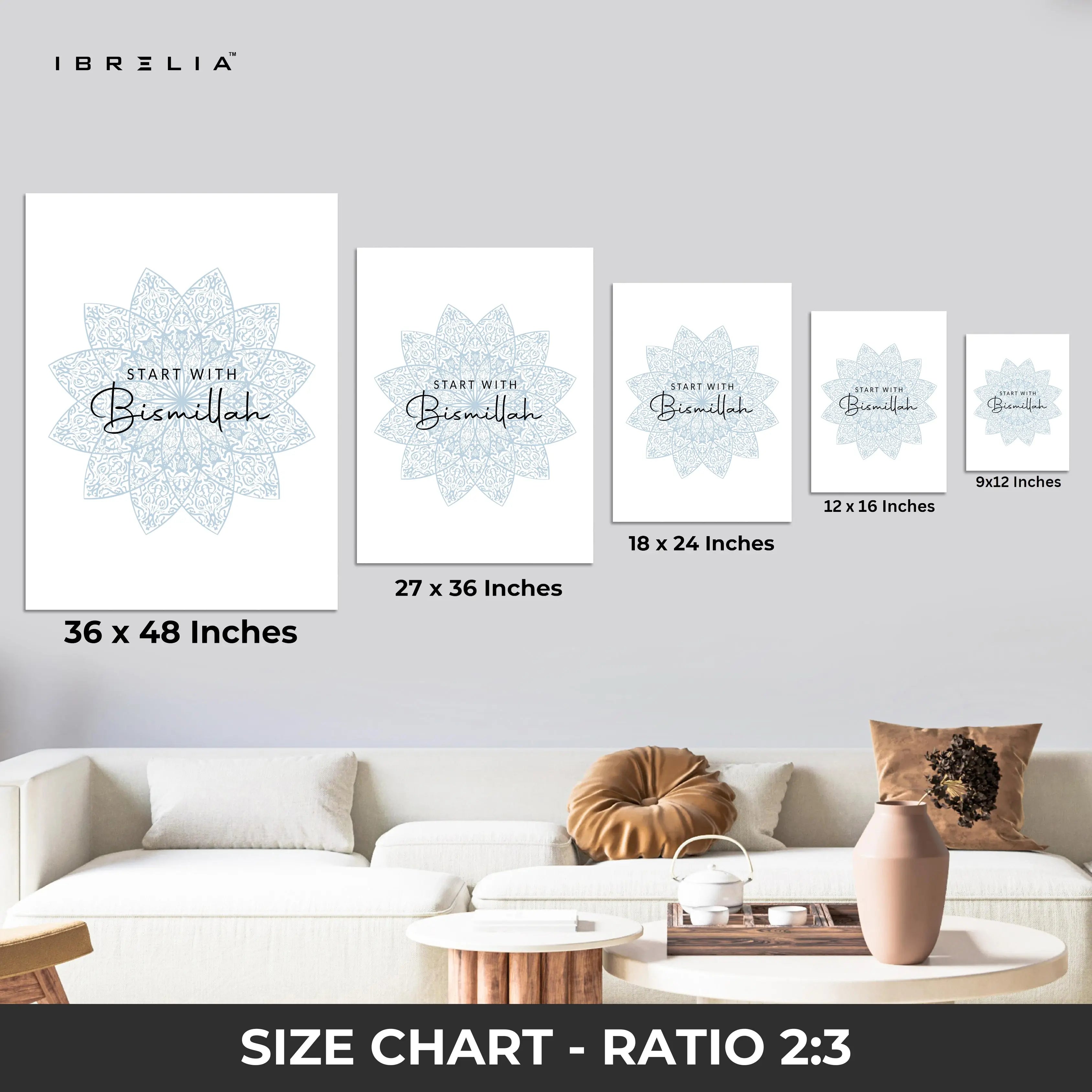 Start With Bismillah Islamic Wall Art – Soft Blue Mandala Design | 4K Ultra Wrap Frame Wall Art in Pakistan | IBRELIA™ IBRELIA